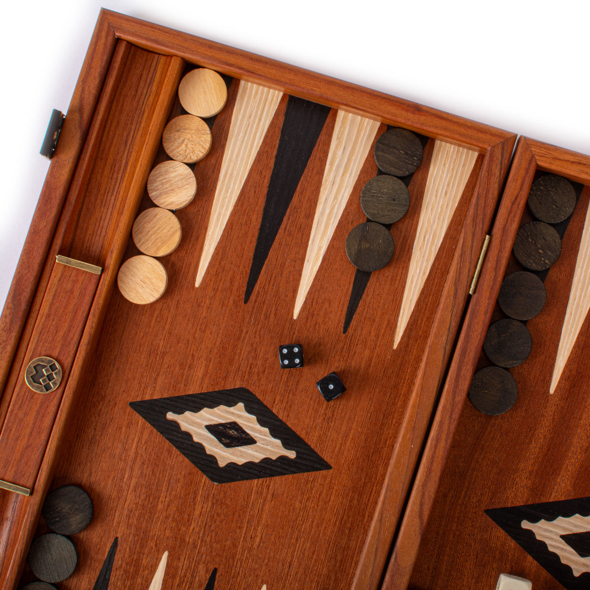 Open mahogany backgammon set with elegant marquetry points wooden checkers dice and side racks showcasing Manopoulos craftsmanship and luxury design