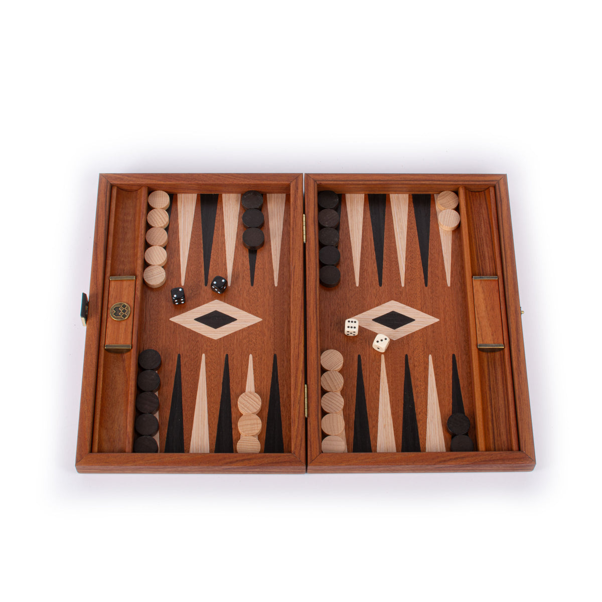 Open mahogany backgammon set with side racks marquetry playing points checkers and dice showcasing Greek craftsmanship by Manopoulos