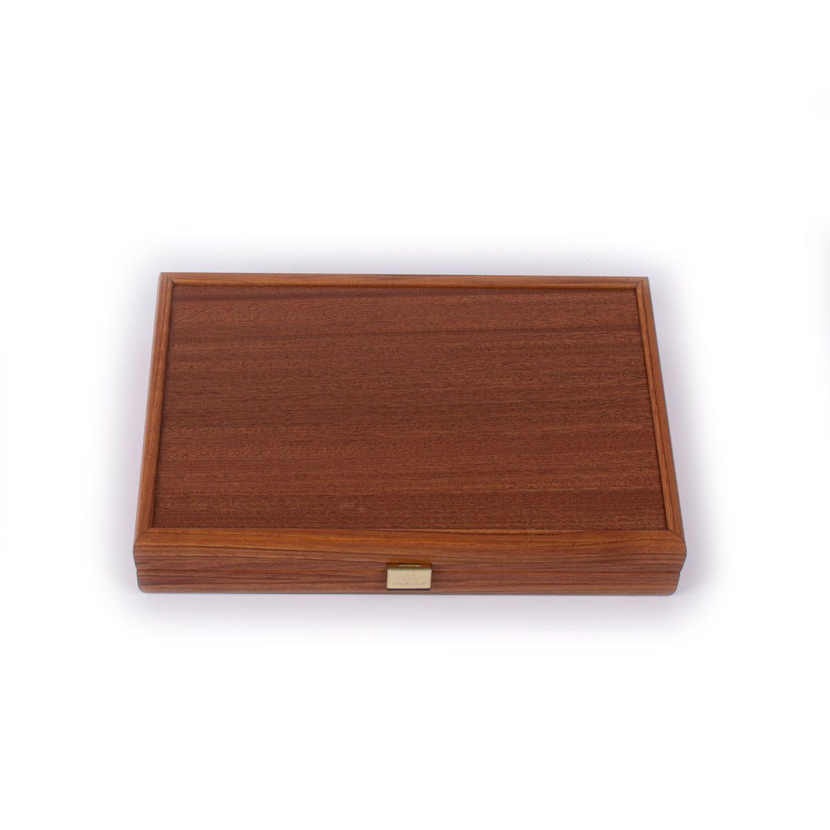Closed handcrafted mahogany backgammon set with rich wood grain and refined wooden case by MANOPOULOS Chess & Backgammon