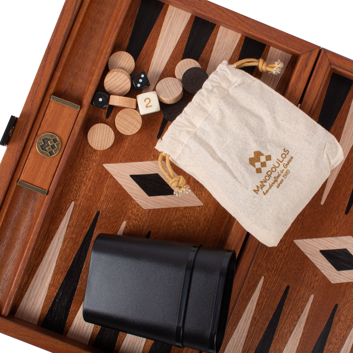 MANOPOULOS Chess and Backgammon handcrafted mahogany backgammon set with marquetry board wooden checkers dice storage pouch and black case