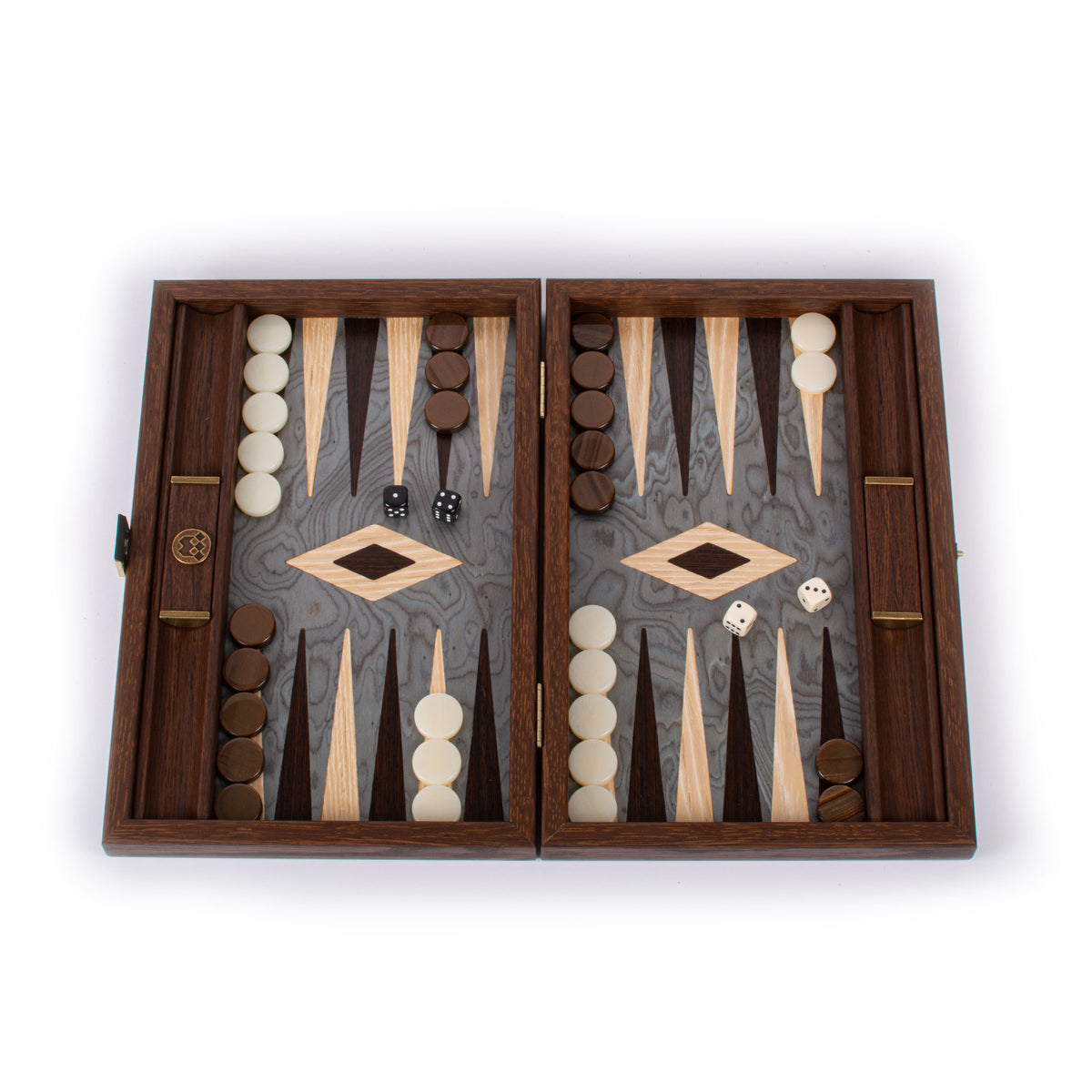 Open luxury backgammon set with pearly grey patterned board and wooden case featuring cream and brown checkers dice and Greek artisan craftsmanship by MANOPOULOS Chess and Backgammon