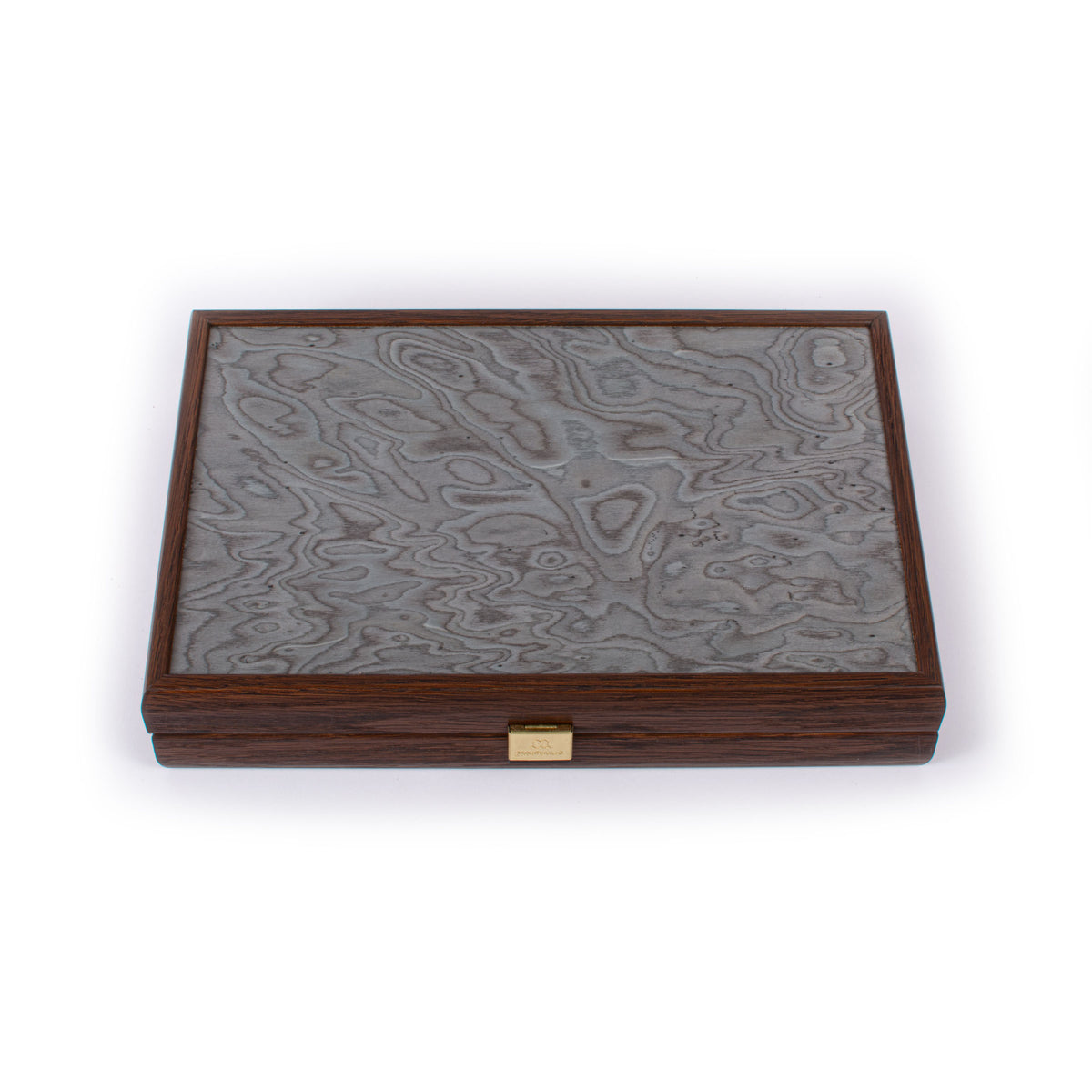 Closed pearly grey Vavona backgammon case with natural wood grain and dark oak and wenge accents by MANOPOULOS Chess and Backgammon handcrafted in Greece