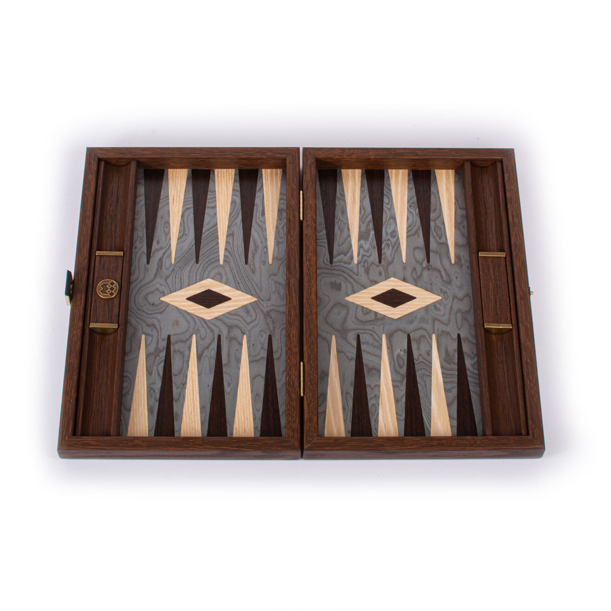 Open luxury backgammon set with pearly grey Vavona wood and oak and wenge accents crafted in Greece by MANOPOULOS Chess and Backgammon for elegant play and display