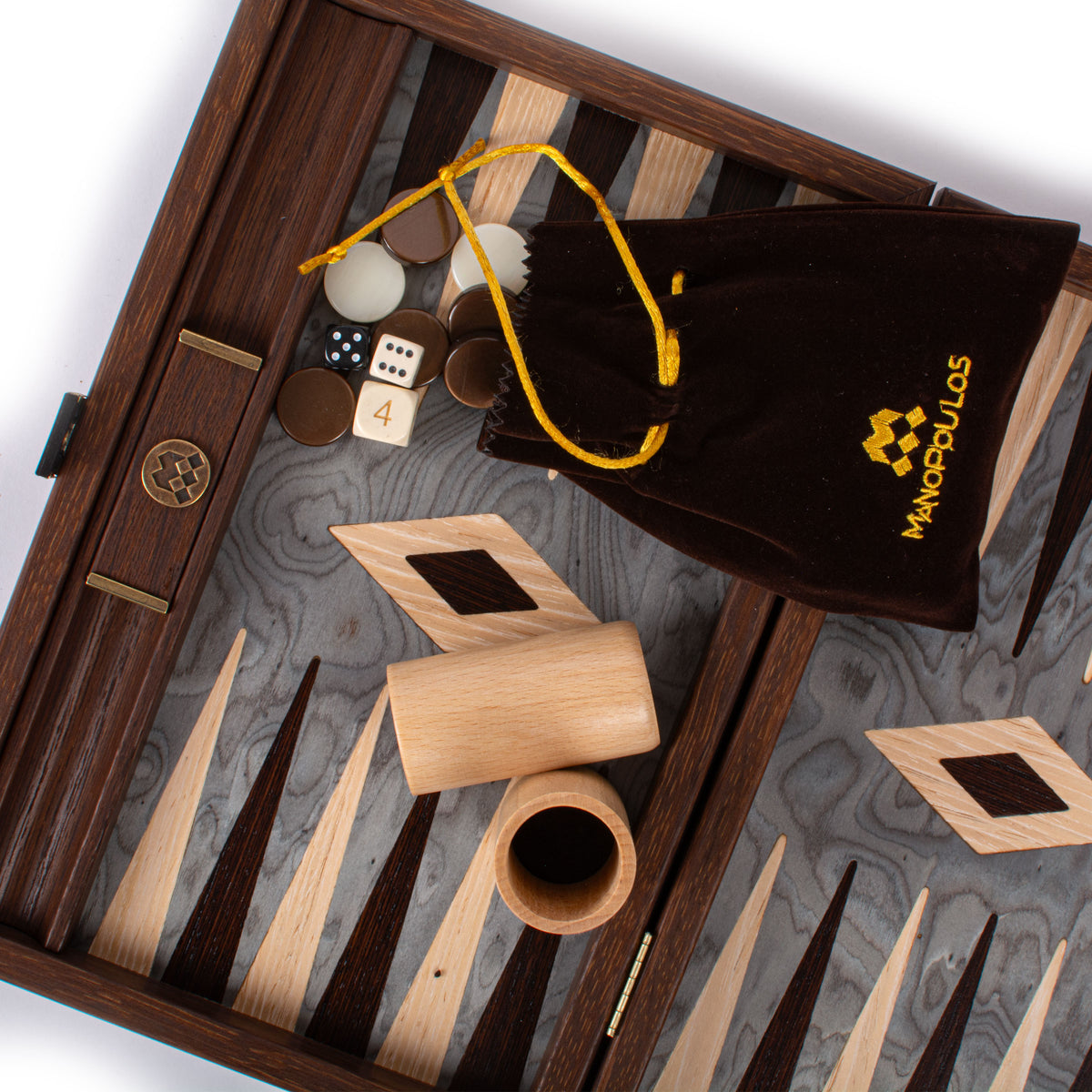 Open luxury backgammon board with pearly grey woodgrain playing surface brown and cream pieces dice and accessories by MANOPOULOS Chess and Backgammon handmade in Greece