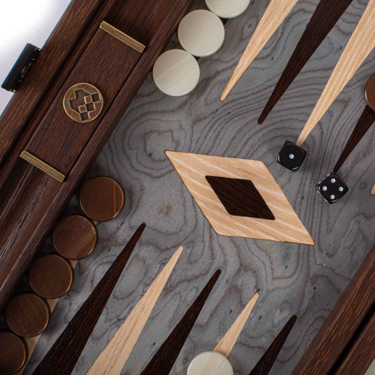 Premium handcrafted backgammon set with pearly grey wood playing surface dark wenge and oak accents checkers and dice by MANOPOULOS Chess and Backgammon
