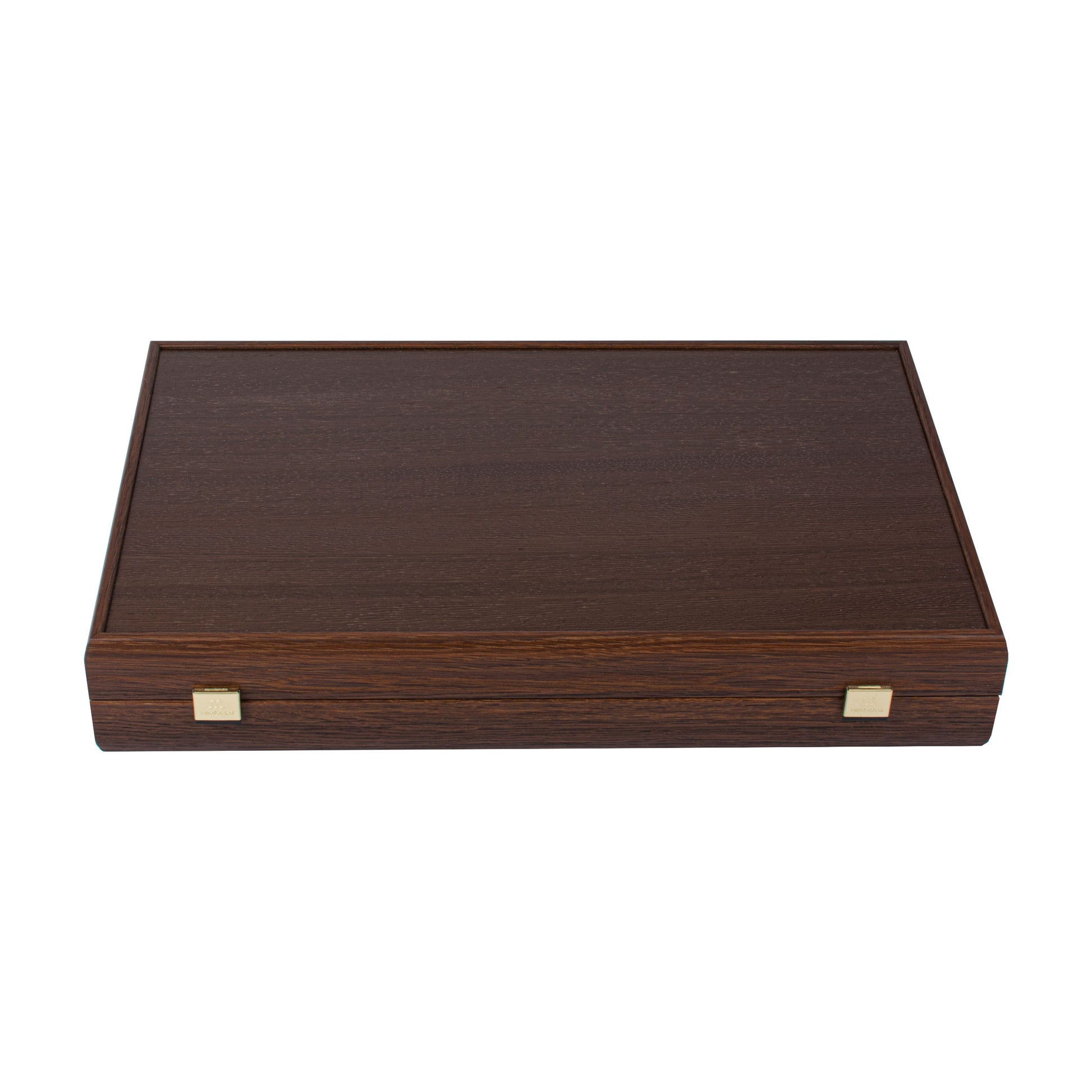 Premium Handcrafted Wenge with Walnut Burl Backgammon Set closed, showcasing elegant dark wood with brass accents, handcrafted in Greece by MANOPOULOS Chess & Backgammon. Handcrafted games, timeless design.