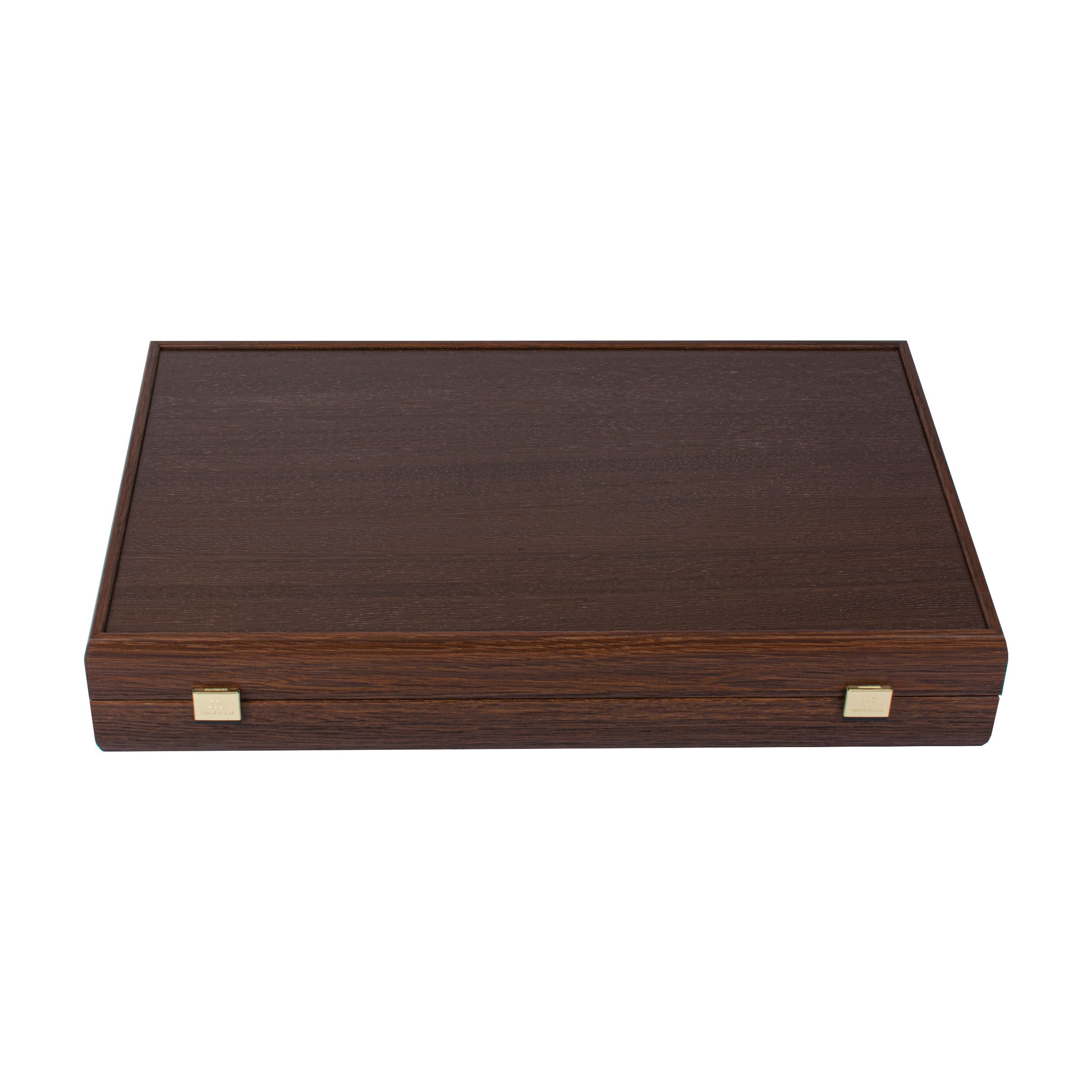 Premium Handcrafted Wenge with Walnut Burl Backgammon Set closed, showcasing elegant dark wood with brass accents, handcrafted in Greece by MANOPOULOS Chess & Backgammon. Handcrafted games, timeless design.