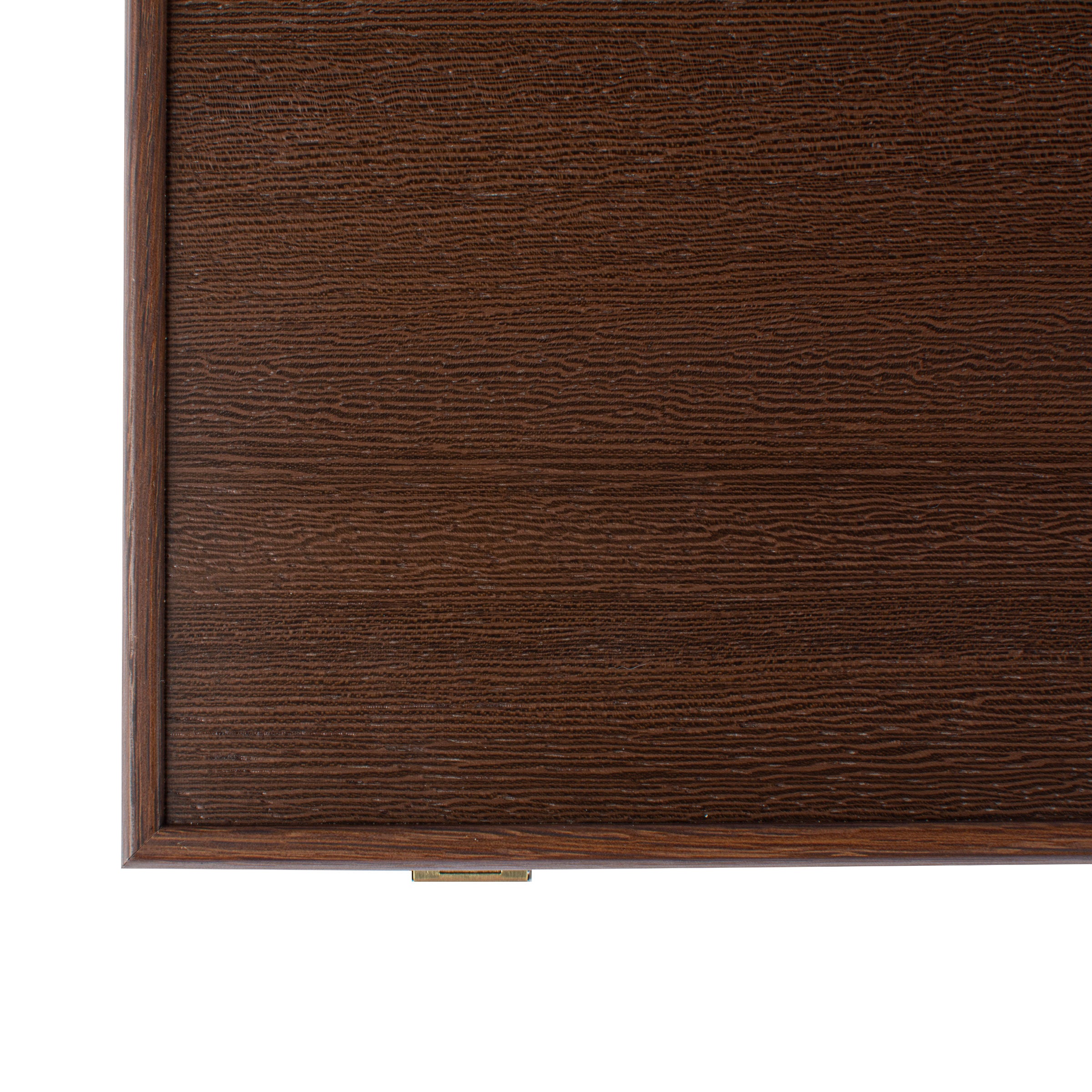 Close-up of the corner of the Premium Handcrafted Wenge with Walnut Burl Backgammon Set by MANOPOULOS Chess & Backgammon, showcasing artisan Greek craftsmanship in rich wood tones, luxury board game design, and timeless elegance. Handcrafted games, timeless design.