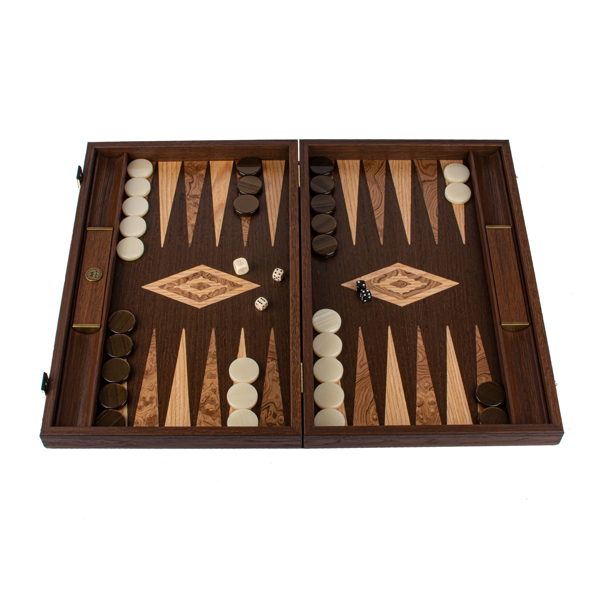 Premium Handcrafted Wenge with Walnut Burl Backgammon Set by MANOPOULOS Chess & Backgammon showcasing Greek craftsmanship and artisan-made luxury board game with timeless design.