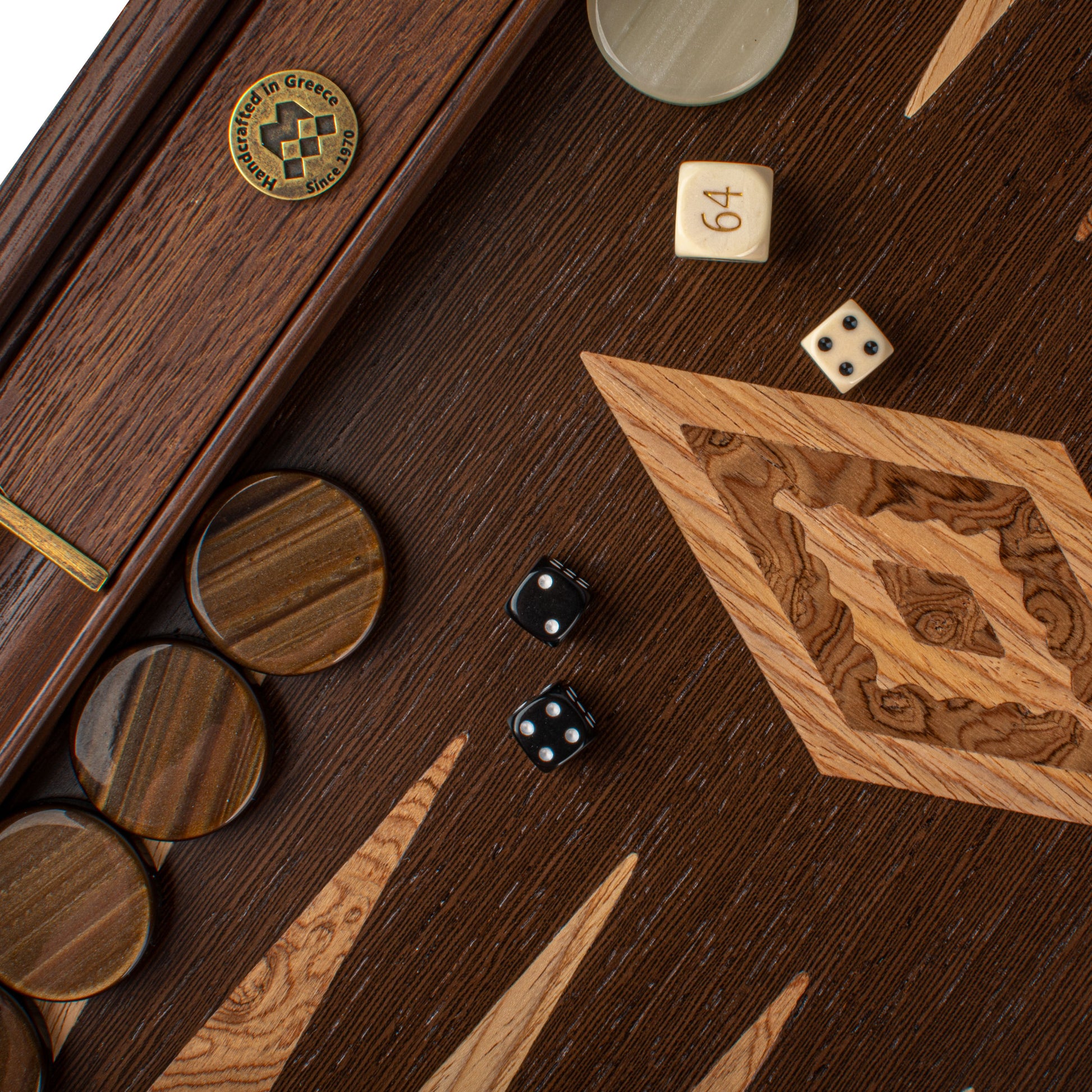 Close-up of the Premium Handcrafted Wenge with Walnut Burl Backgammon Set by MANOPOULOS Chess & Backgammon, showcasing artisan woodwork, handcrafted pieces, and traditional Greek craftsmanship. Handcrafted games, timeless design.