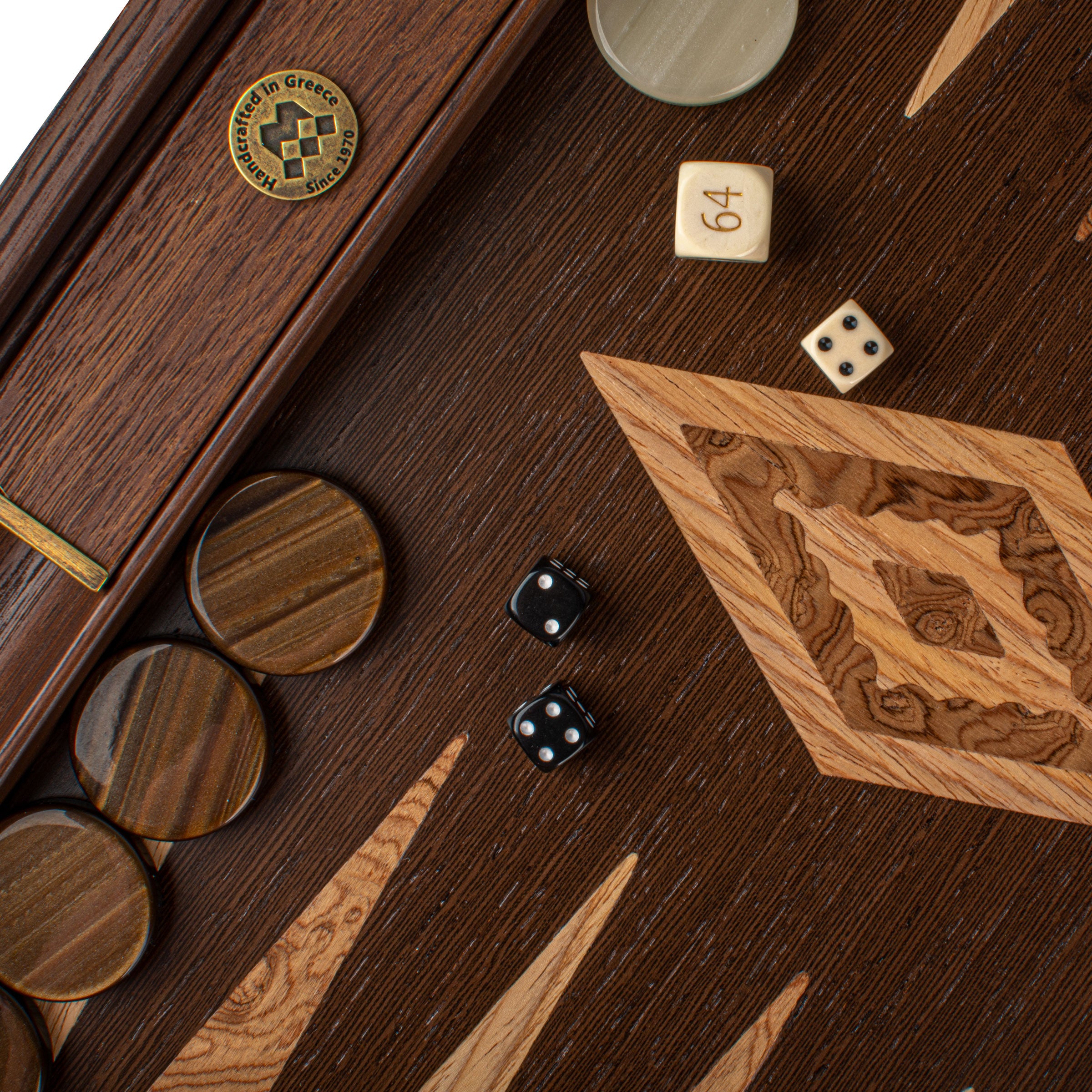 Close-up of the Premium Handcrafted Wenge with Walnut Burl Backgammon Set by MANOPOULOS Chess & Backgammon, showcasing artisan woodwork, handcrafted pieces, and traditional Greek craftsmanship. Handcrafted games, timeless design.