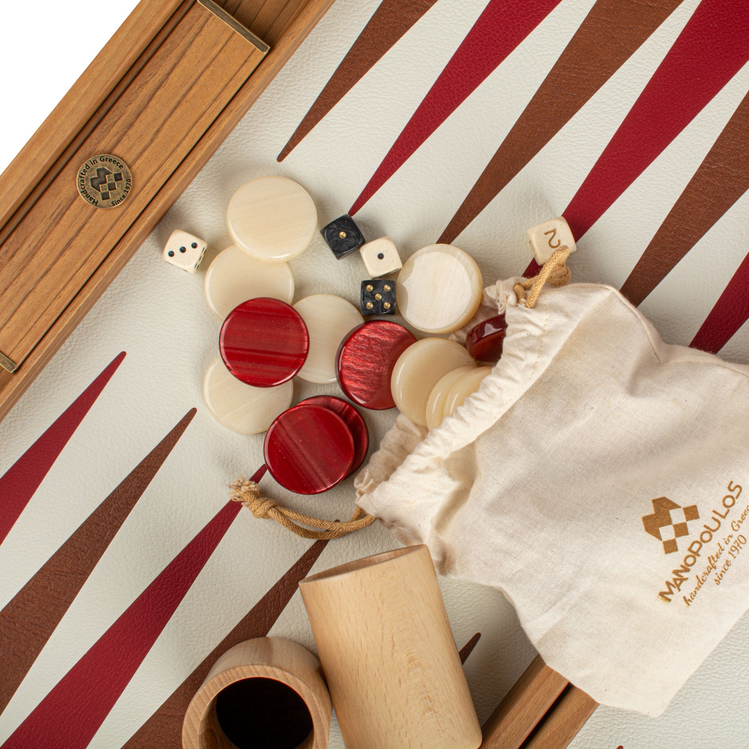 Premium Leatherette Champagne Beige with Red & Brown Backgammon Set - Premium Backgammon from MANOPOULOS Chess & Backgammon - Just €175! Shop now at MANOPOULOS Chess & Backgammon