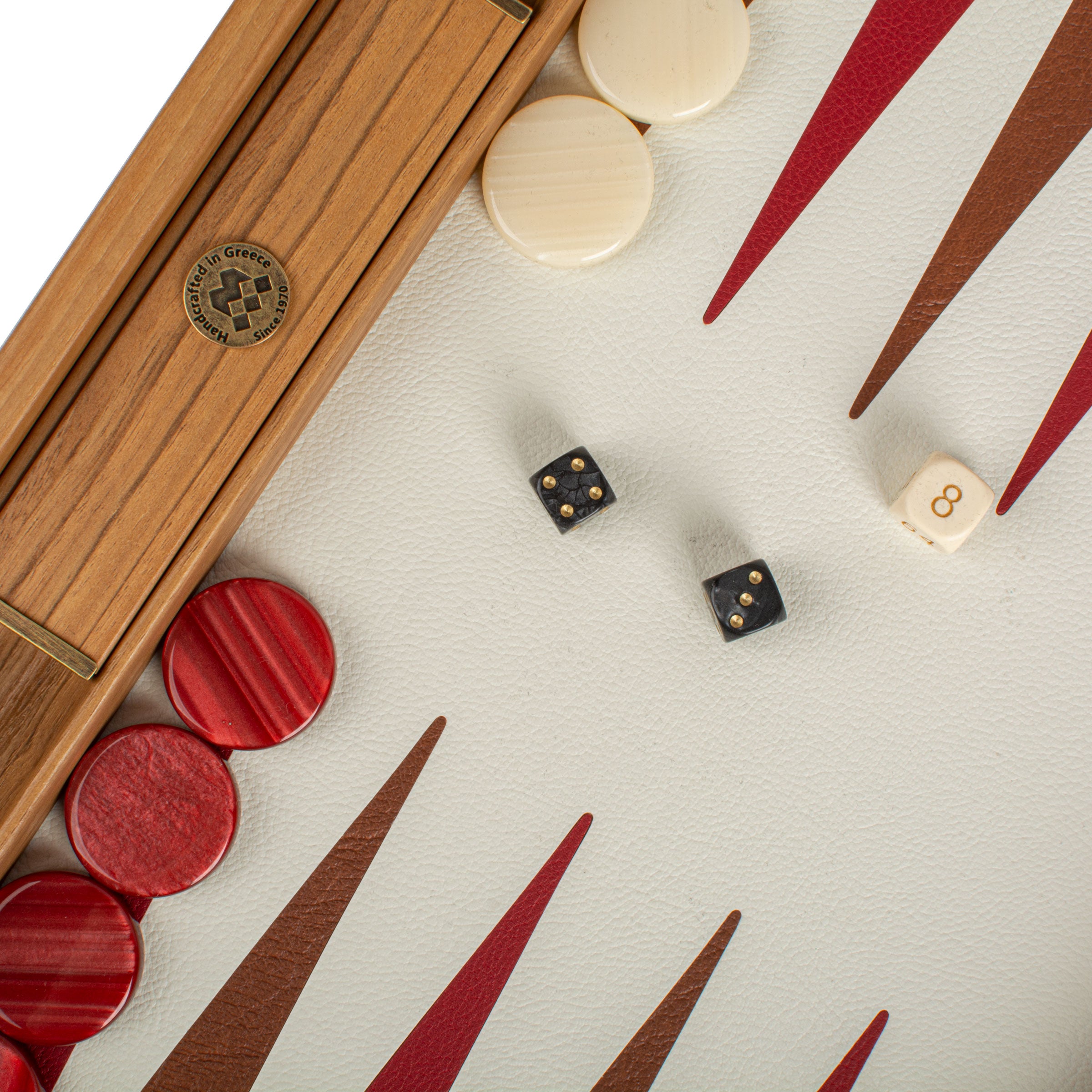 Premium Leatherette Champagne Beige with Red & Brown Backgammon Set - Premium Backgammon from MANOPOULOS Chess & Backgammon - Just €175! Shop now at MANOPOULOS Chess & Backgammon