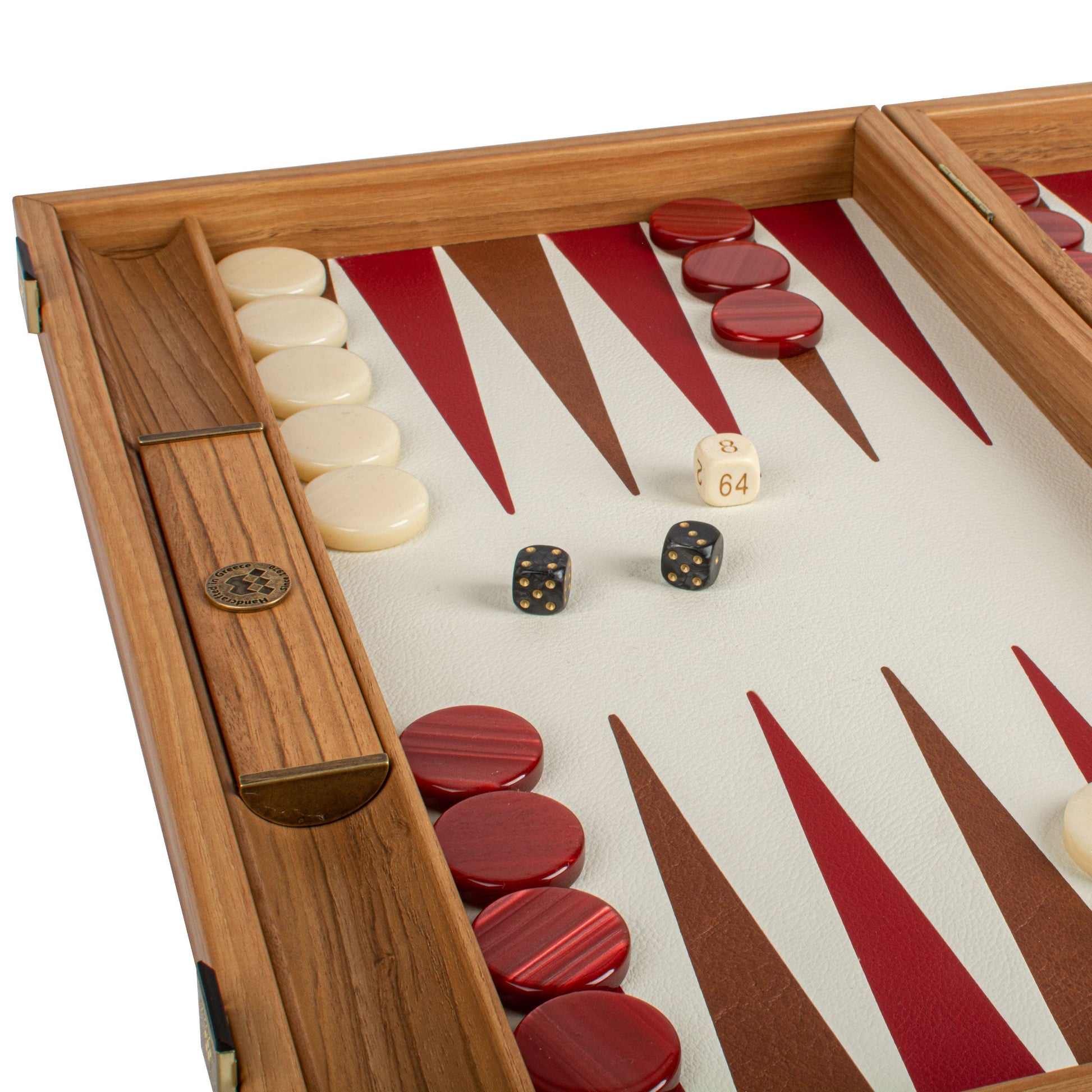 Premium Leatherette Champagne Beige with Red & Brown Backgammon Set - Premium Backgammon from MANOPOULOS Chess & Backgammon - Just €175! Shop now at MANOPOULOS Chess & Backgammon