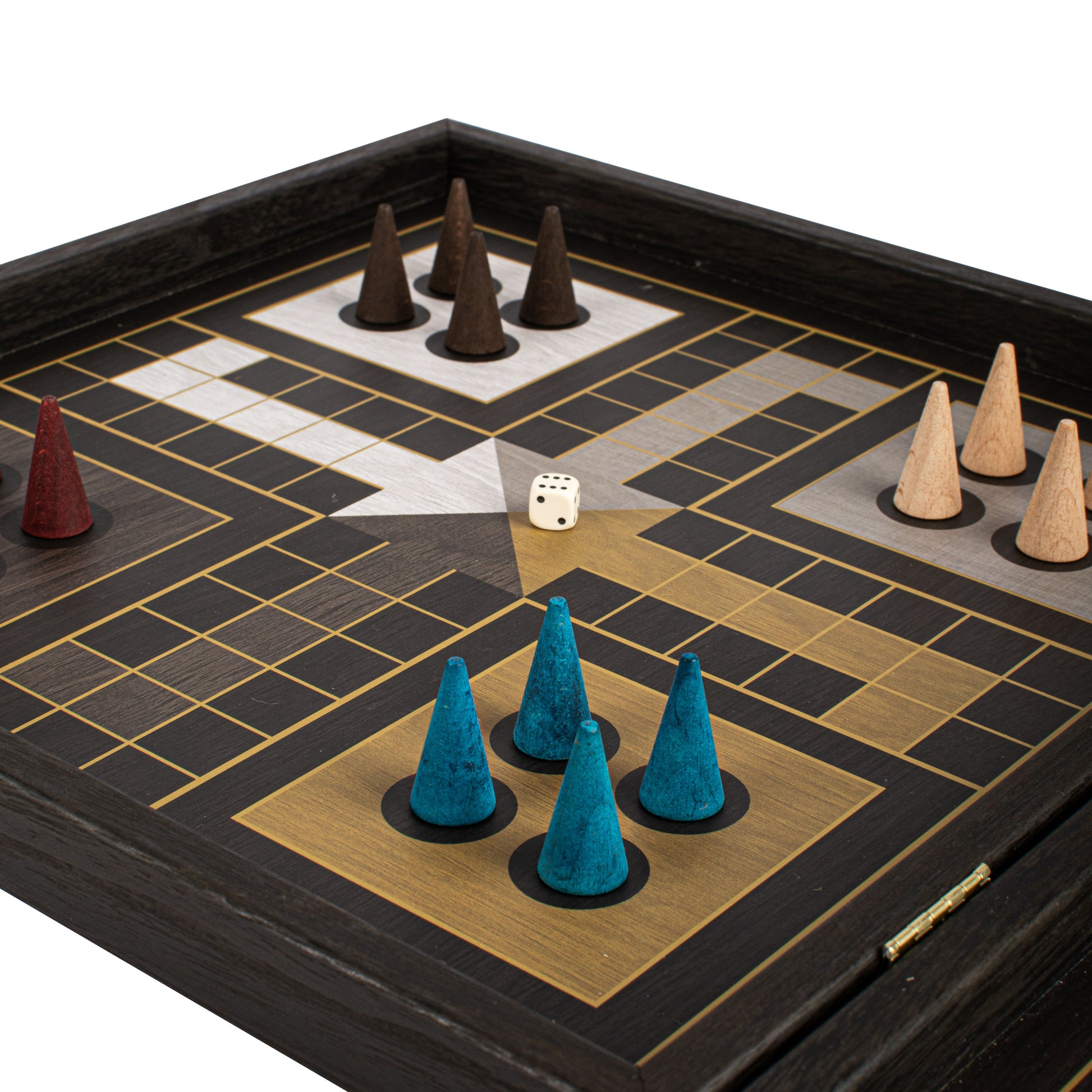 Modern Style 4-in-1 Combo Game Set: Chess, Backgammon, Ludo & Snakes showcasing handcrafted artisan wooden game pieces in blue, beige, brown, and red on a luxury board by MANOPOULOS Chess & Backgammon. Handcrafted in Greece, traditional craftsmanship, premium materials, luxury board games, heritage-inspired designs, artisan-made chess and backgammon sets, high-end gift pieces, decorative and functional game sets, European craftsmanship, timeless
