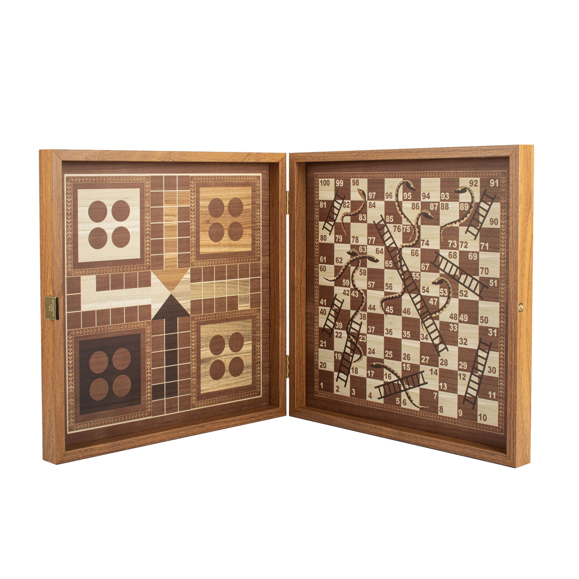 Classic Style 4-in-1 Combo Game Set: Chess, Backgammon, Ludo & Snakes handcrafted in Greece by MANOPOULOS Chess & Backgammon, featuring traditional craftsmanship and luxury wooden boards with timeless design. Handcrafted games, timeless design.