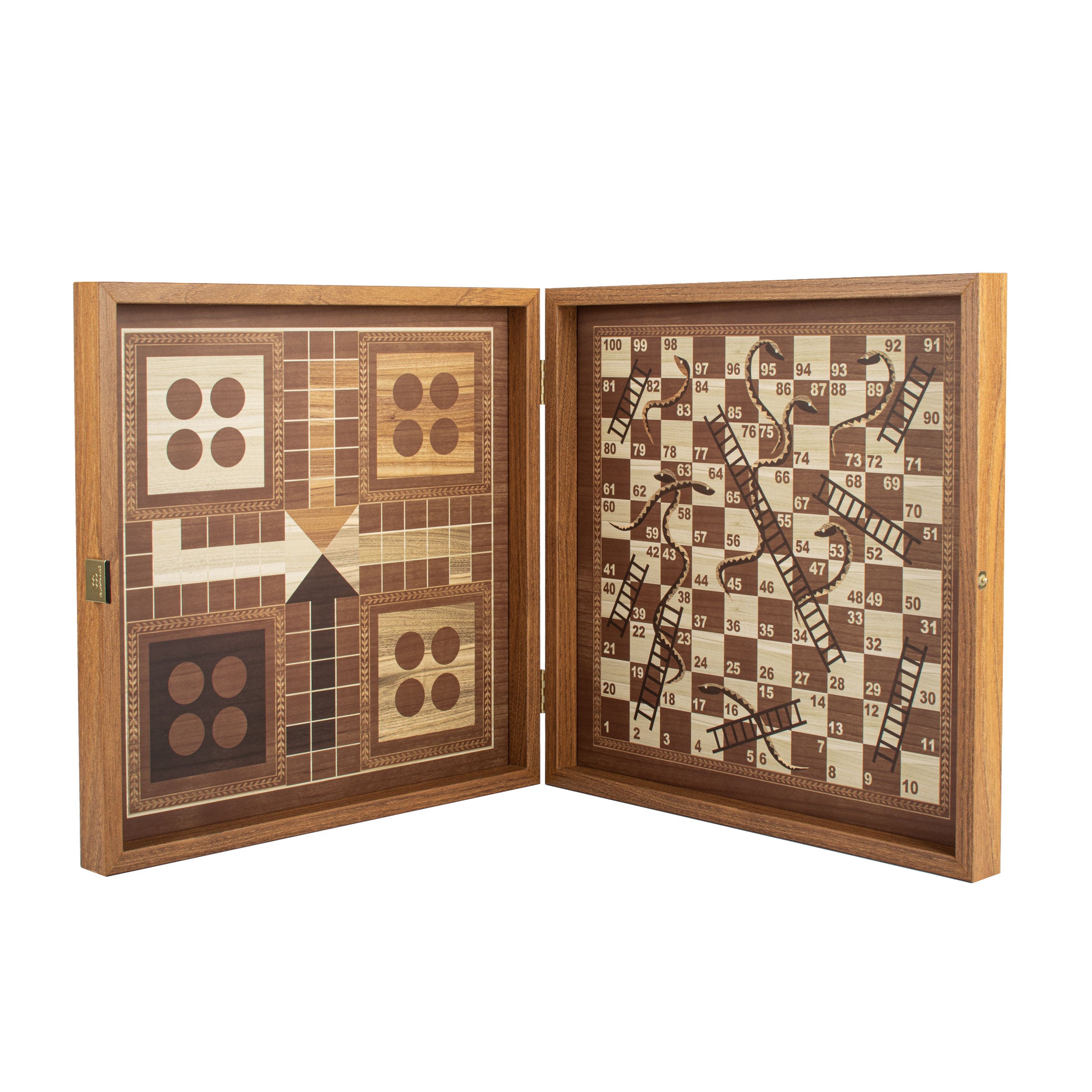 Classic Style 4-in-1 Combo Game Set: Chess, Backgammon, Ludo & Snakes handcrafted in Greece by MANOPOULOS Chess & Backgammon, featuring traditional craftsmanship and luxury wooden boards with timeless design. Handcrafted games, timeless design.