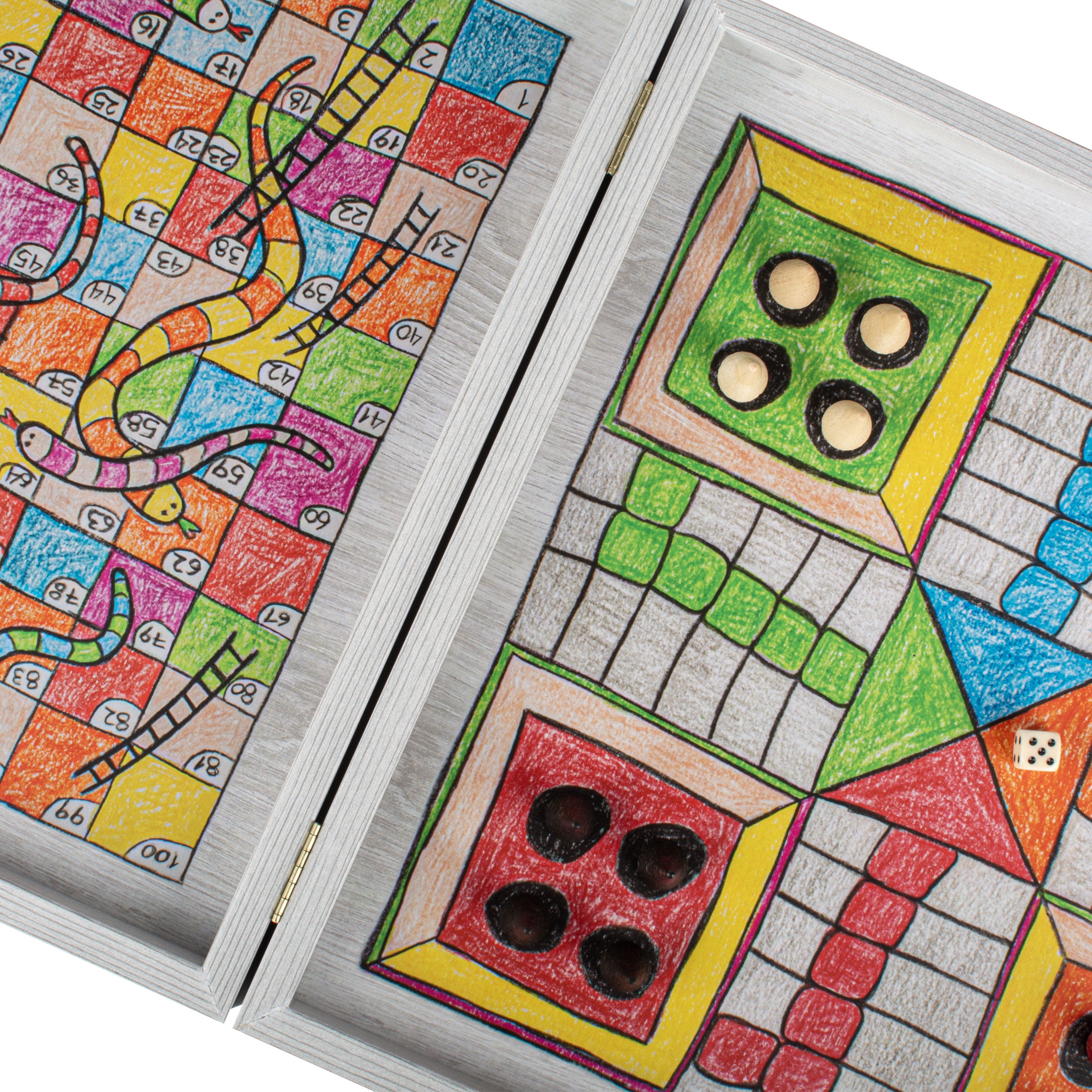 Childrens Freehand Colored Drawing 4-in-1 Combo Game Set: Chess, Backgammon, Ludo & Snakes features vibrant, hand-drawn board designs crafted by MANOPOULOS Chess & Backgammon, showcasing handcrafted games, timeless design with traditional Greek craftsmanship and premium materials.