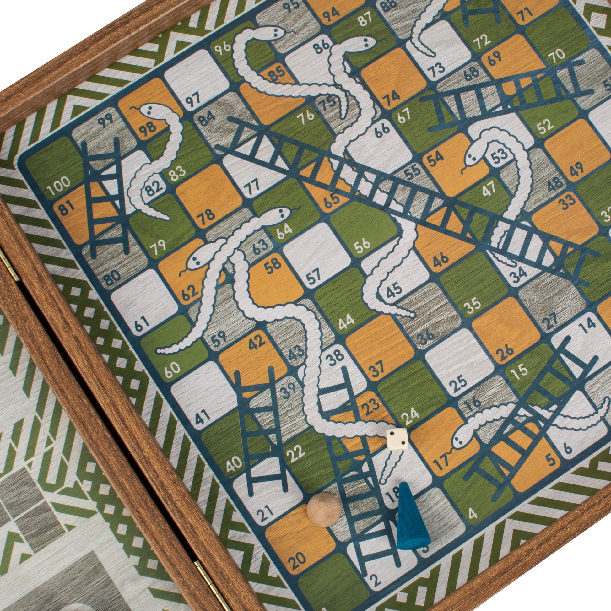 Close-up of the handcrafted Retro Design 4-in-1 Combo Game Set: Chess, Backgammon, Ludo & Snakes showcasing the artisan-made snakes and ladders board with premium wooden pieces by MANOPOULOS Chess & Backgammon, highlighting traditional Greek craftsmanship and luxury design. Handcrafted games, timeless design.