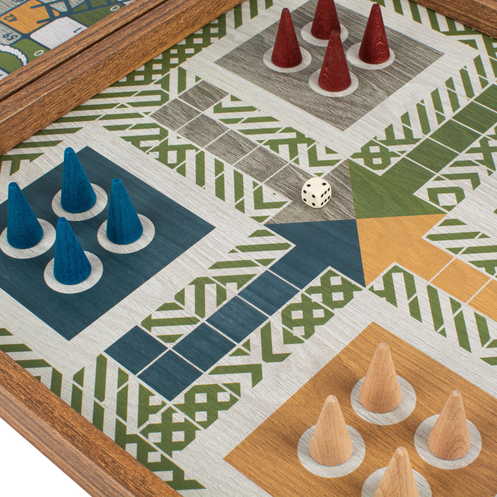 Close-up of the Retro Design 4-in-1 Combo Game Set: Chess, Backgammon, Ludo & Snakes showcasing artisan-made wooden game pieces and intricate craftsmanship by MANOPOULOS Chess & Backgammon, handcrafted in Greece, timeless design, luxury board games.