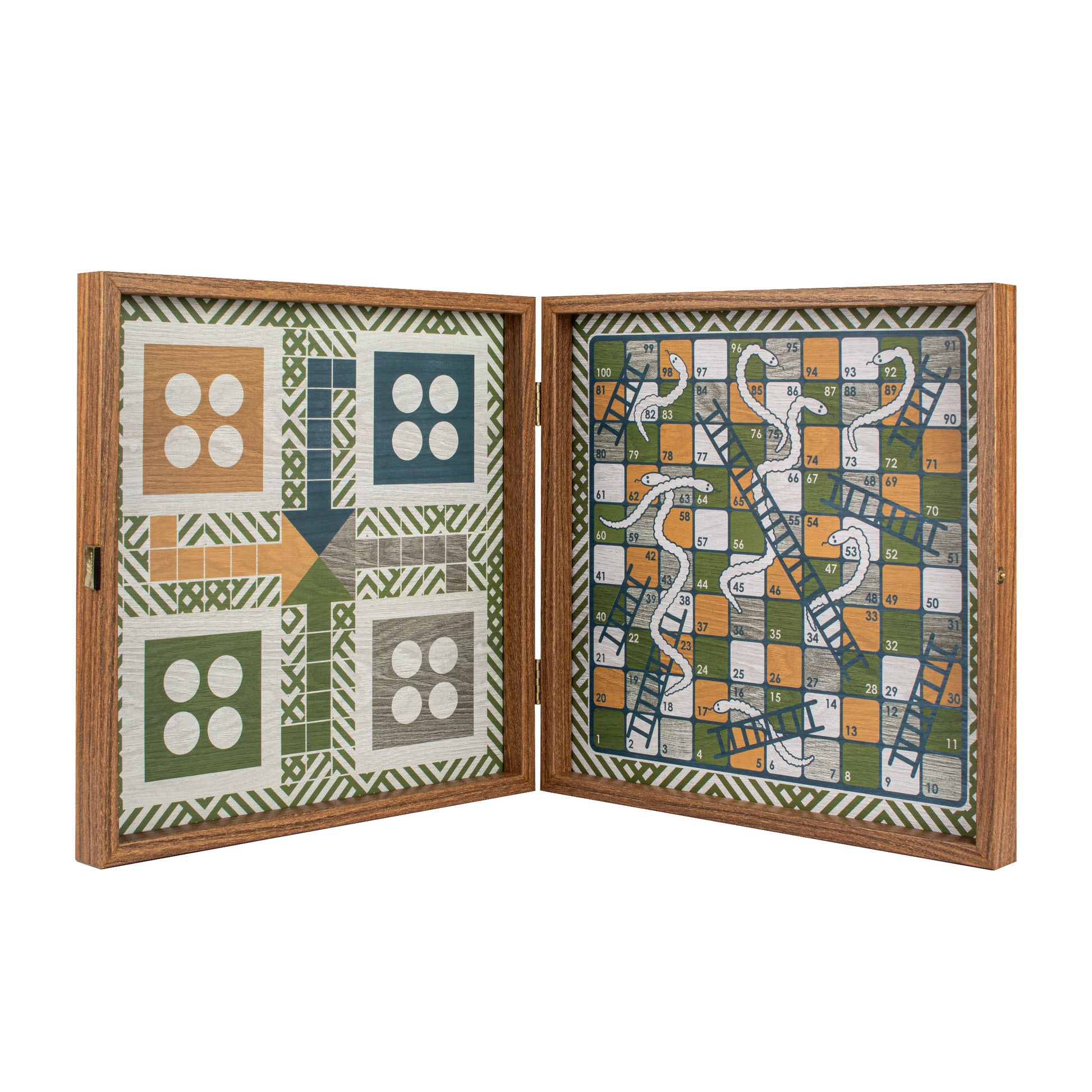 Retro Design 4-in-1 Combo Game Set: Chess, Backgammon, Ludo & Snakes featuring handcrafted Greek craftsmanship by MANOPOULOS Chess & Backgammon, combining artisan design and luxury. Handcrafted games, timeless design.