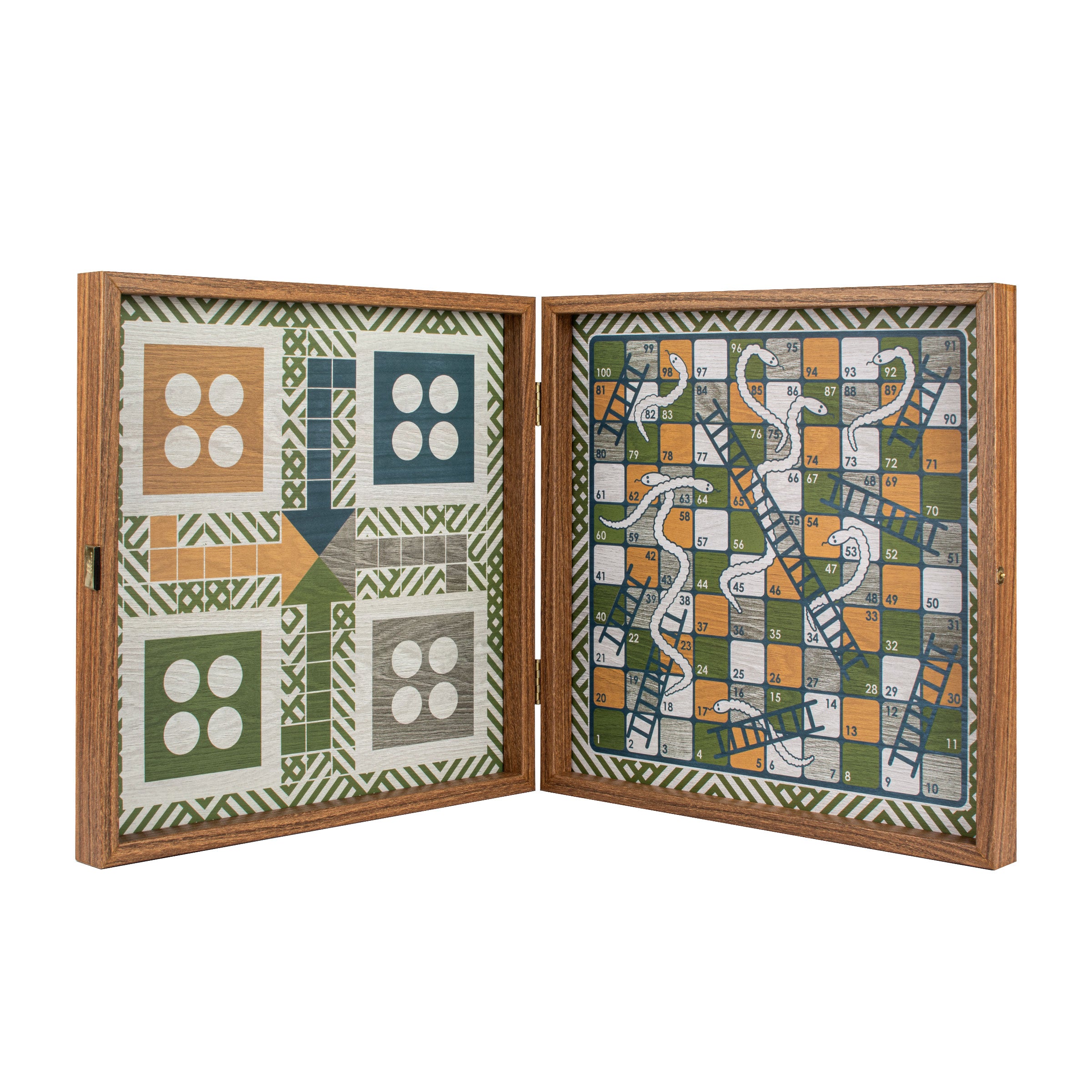 Retro Design 4-in-1 Combo Game Set: Chess, Backgammon, Ludo & Snakes featuring handcrafted Greek craftsmanship by MANOPOULOS Chess & Backgammon, combining artisan design and luxury. Handcrafted games, timeless design.