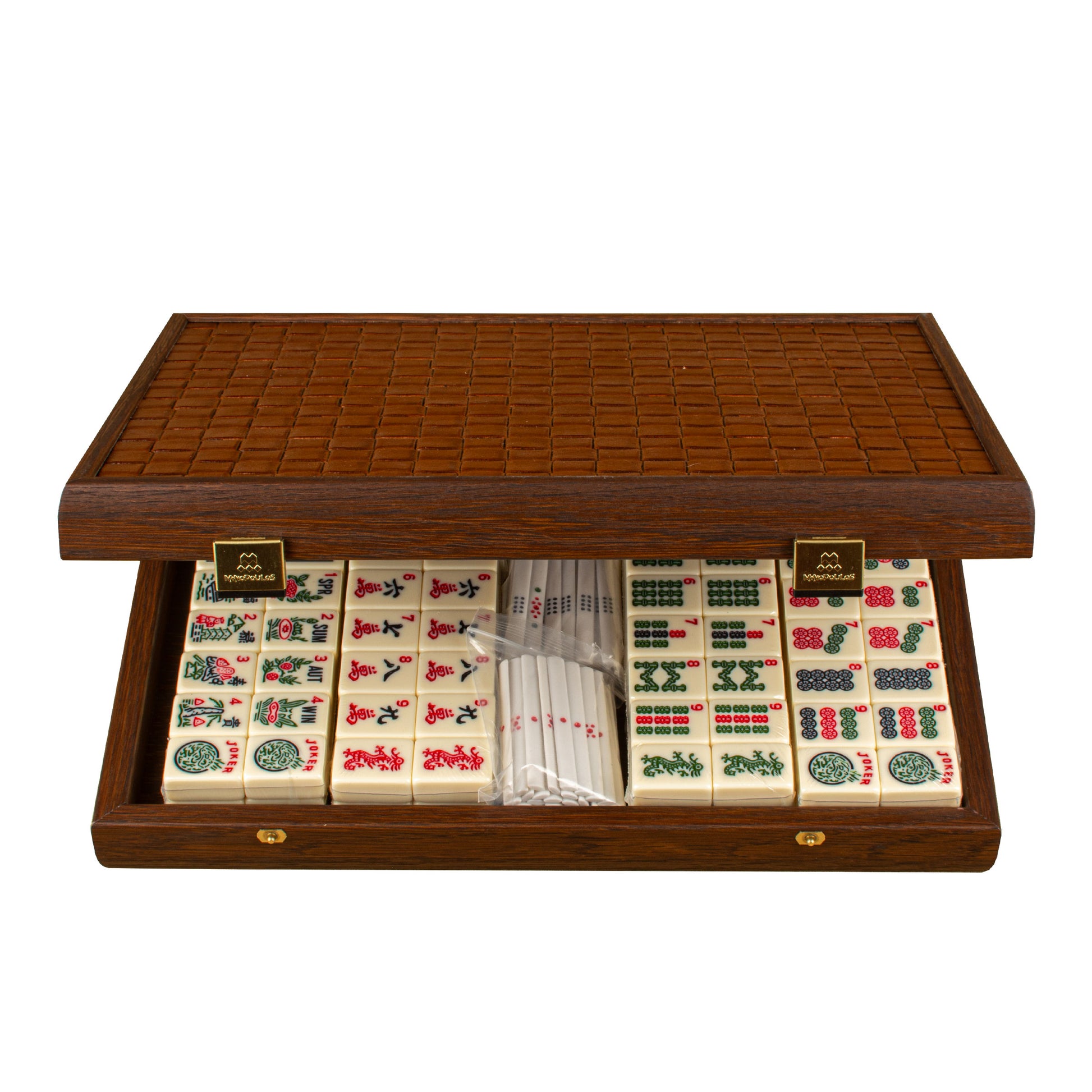 Premium Mahjong Tiles Set in Dark Brown Straw Wooden Case - Premium Dominoes from MANOPOULOS Chess & Backgammon - Just €126! Shop now at MANOPOULOS Chess & Backgammon