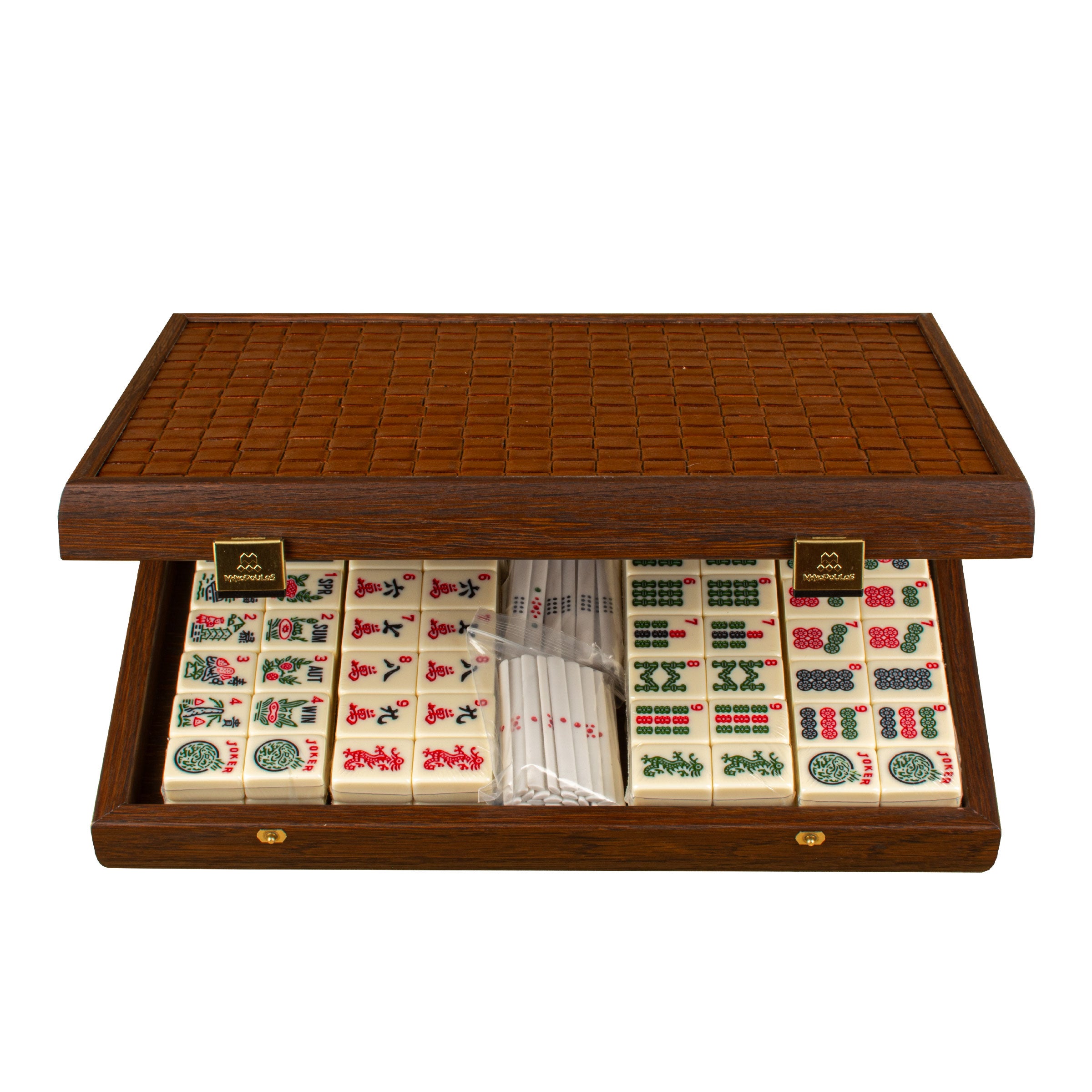 Premium Mahjong Tiles Set in Dark Brown Straw Wooden Case - Premium Dominoes from MANOPOULOS Chess & Backgammon - Just €126! Shop now at MANOPOULOS Chess & Backgammon