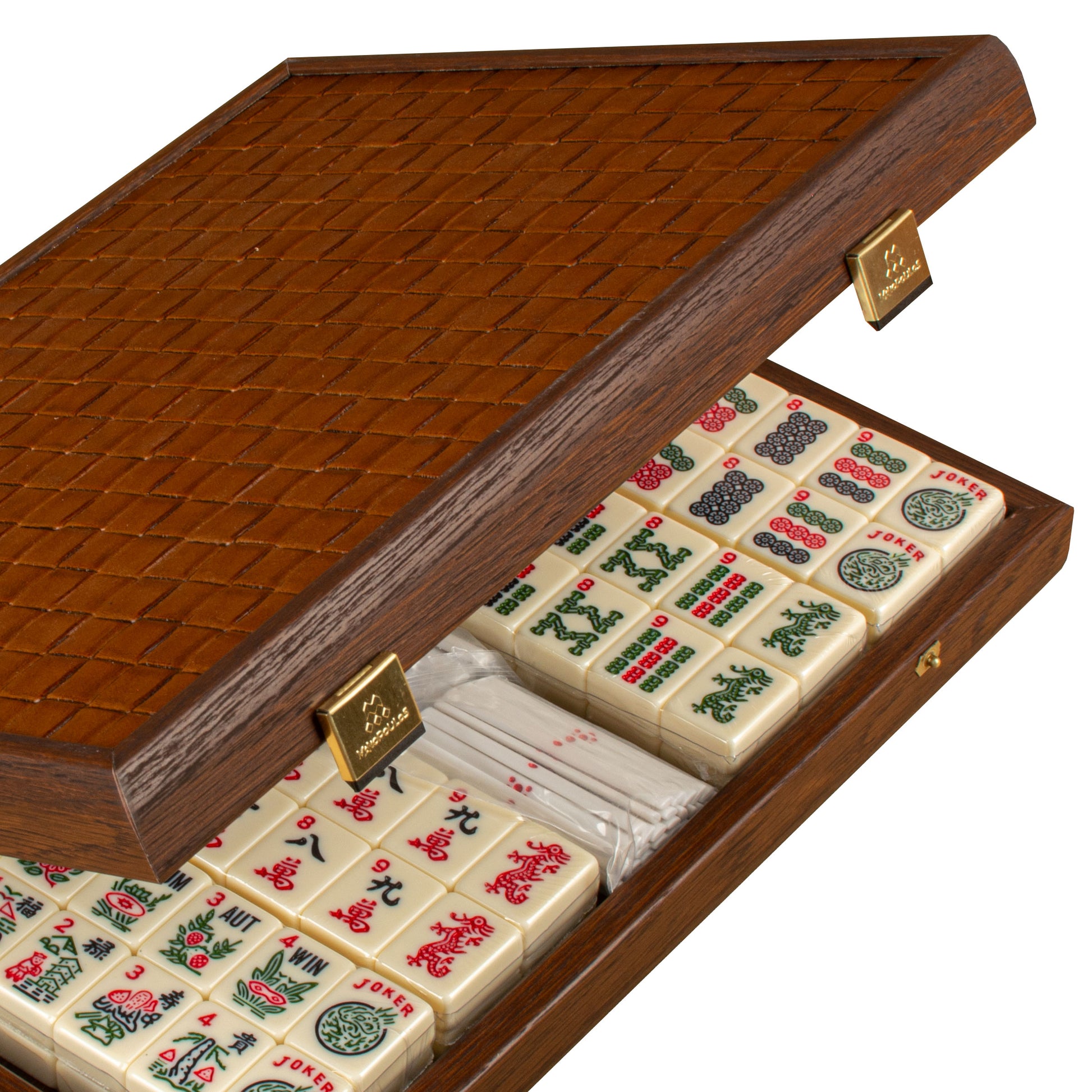 Premium Mahjong Tiles Set in Dark Brown Straw Wooden Case - Premium Dominoes from MANOPOULOS Chess & Backgammon - Just €126! Shop now at MANOPOULOS Chess & Backgammon