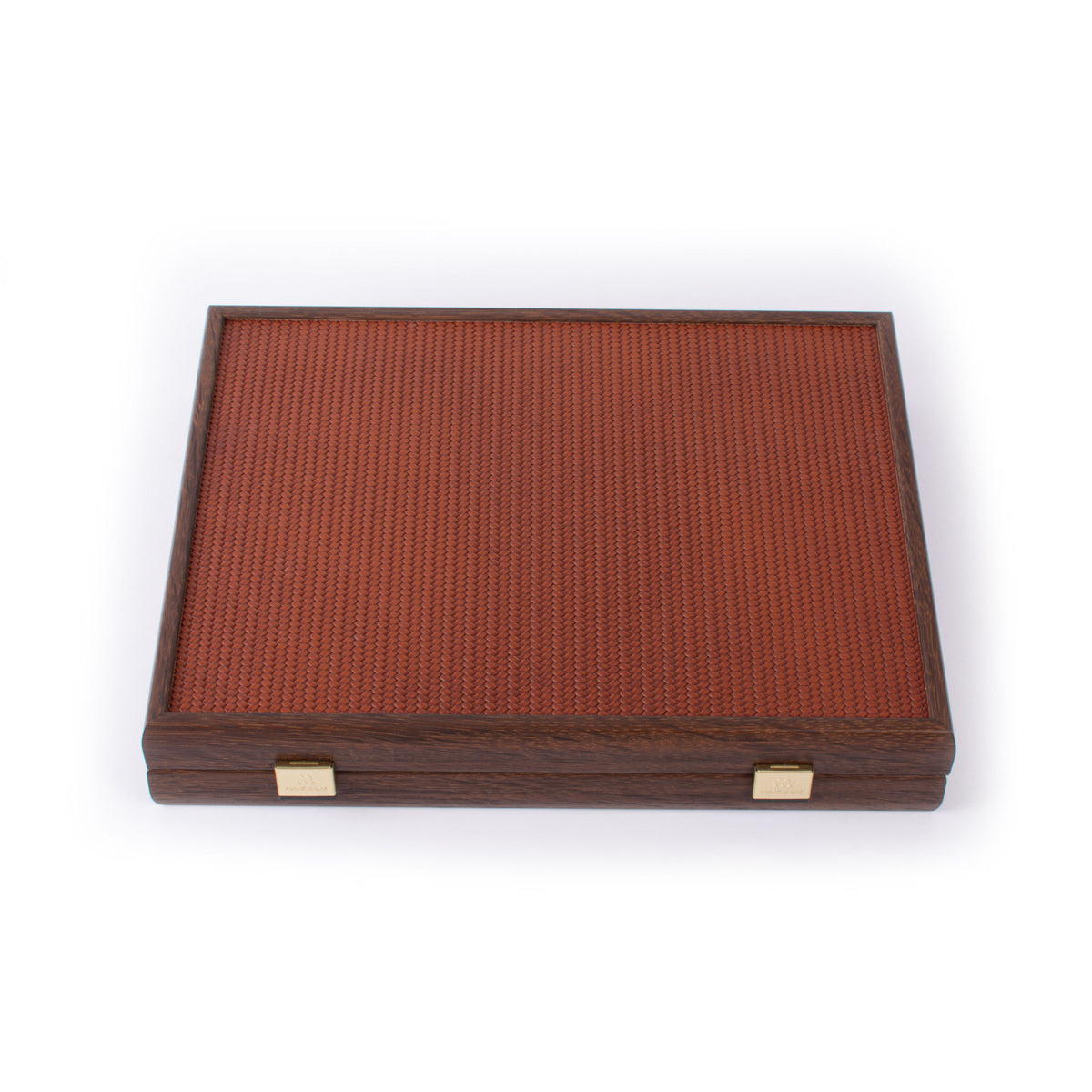 Closed premium mahjong set in a dark brown wooden case with a textured knitted leather cover and brass clasps by MANOPOULOS Chess and Backgammon