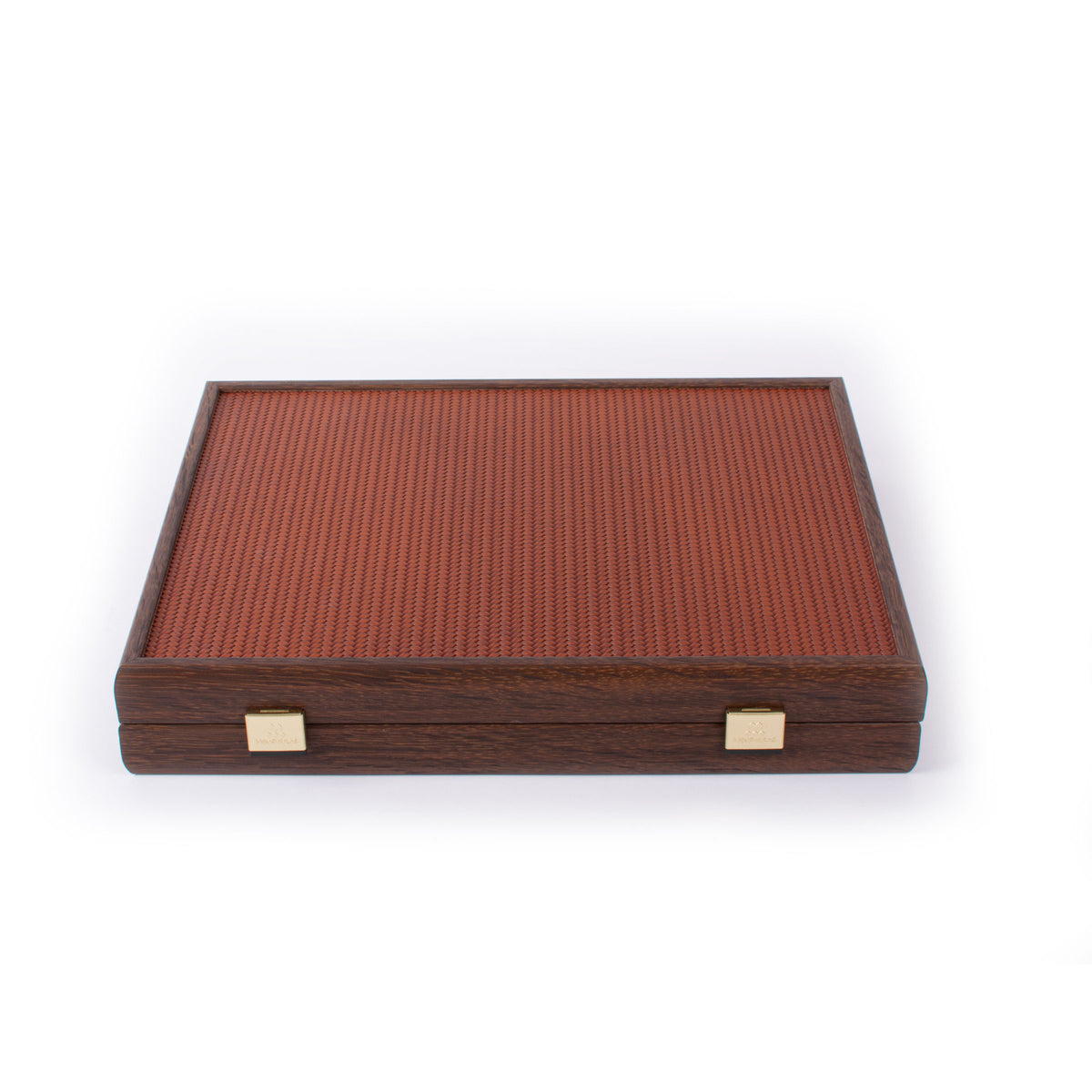 Closed premium mahjong set in a dark brown wooden case with a textured knitted leather top and brass clasps by MANOPOULOS Chess & Backgammon