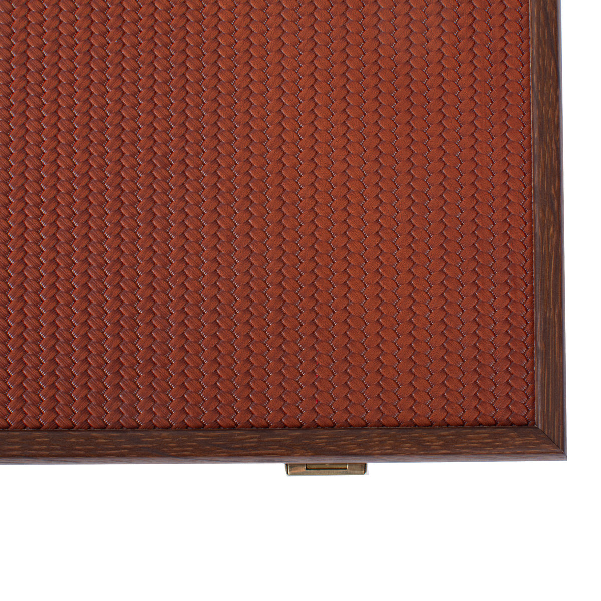 Close view of a dark brown knitted leather wooden case with rich woven texture and crafted wood trim from MANOPOULOS Chess and Backgammon