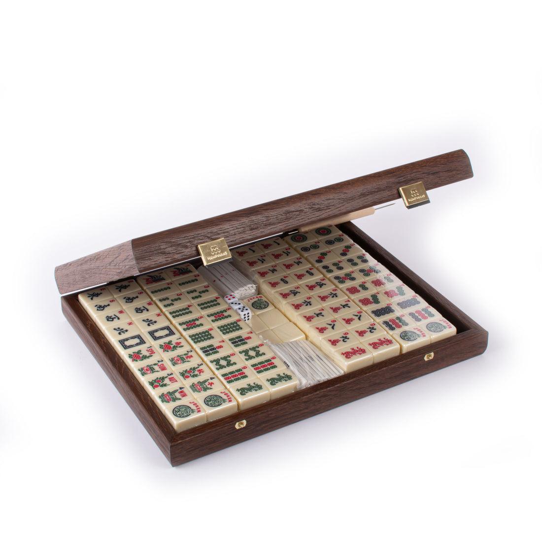 Closed premium mahjong set in a dark brown wooden case with a textured knitted leather cover and brass clasps by MANOPOULOS Chess and Backgammon