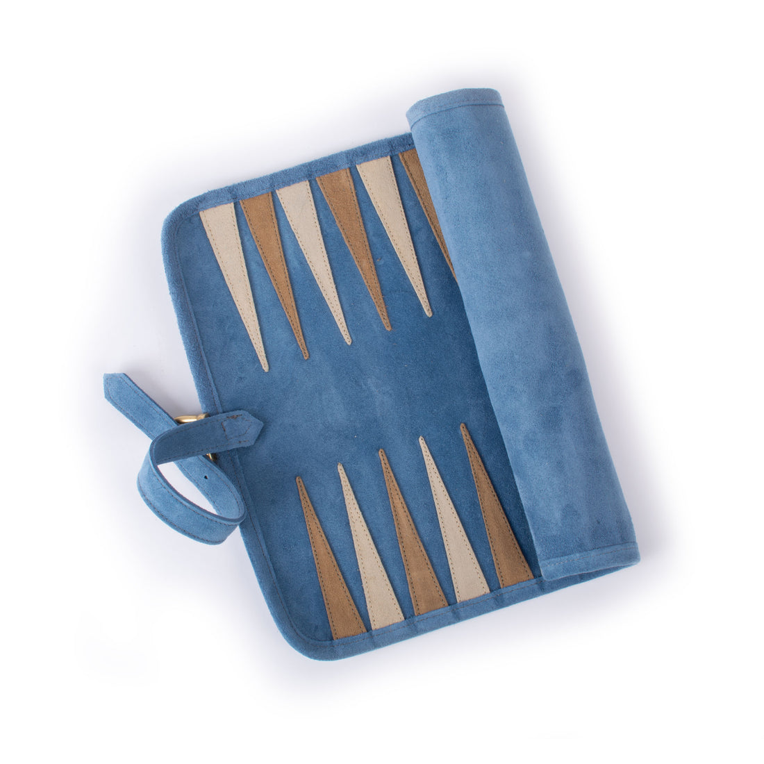 Premium blue suede roll up backgammon set with tan and blue playing points and wraparound strap by MANOPOULOS Chess & Backgammon handcrafted in Greece