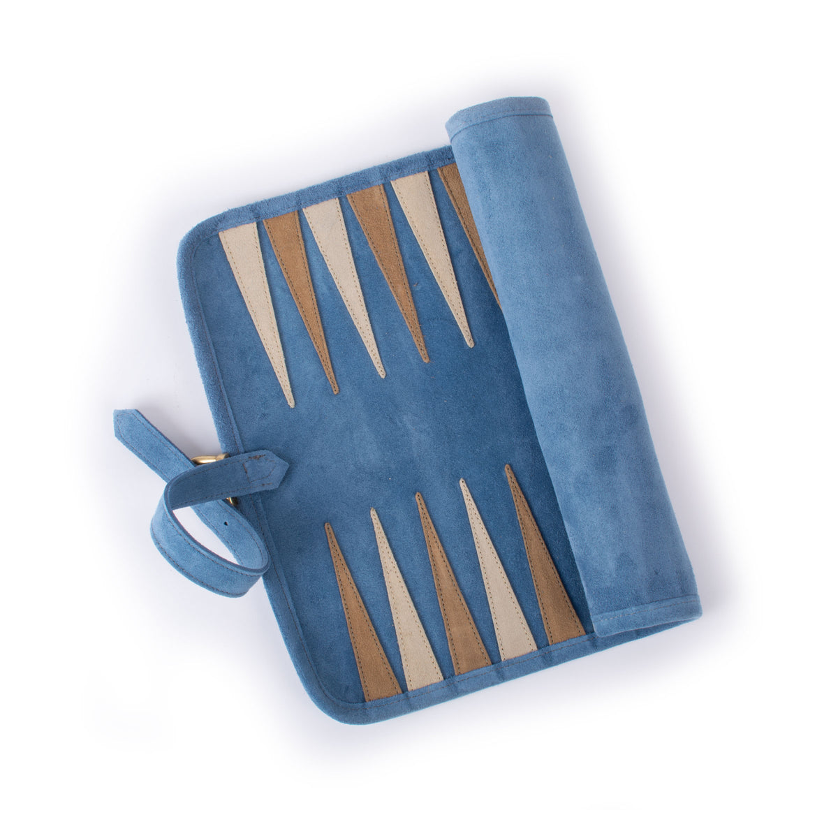 Premium blue suede roll up backgammon set with tan and blue playing points and wraparound strap by MANOPOULOS Chess & Backgammon handcrafted in Greece