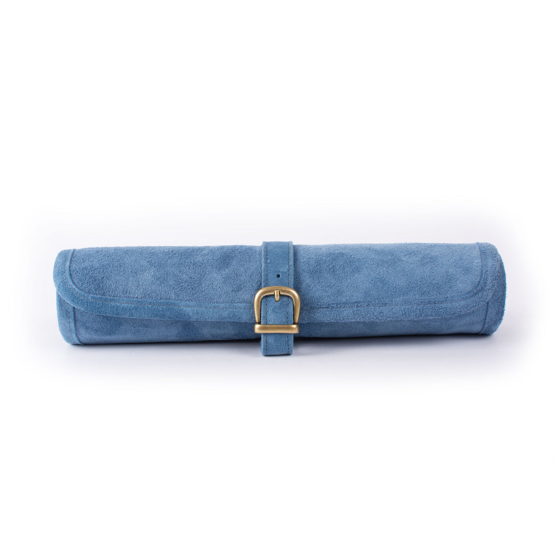 Premium blue suede roll up backgammon set with tan and blue playing points and wraparound strap by MANOPOULOS Chess & Backgammon handcrafted in Greece