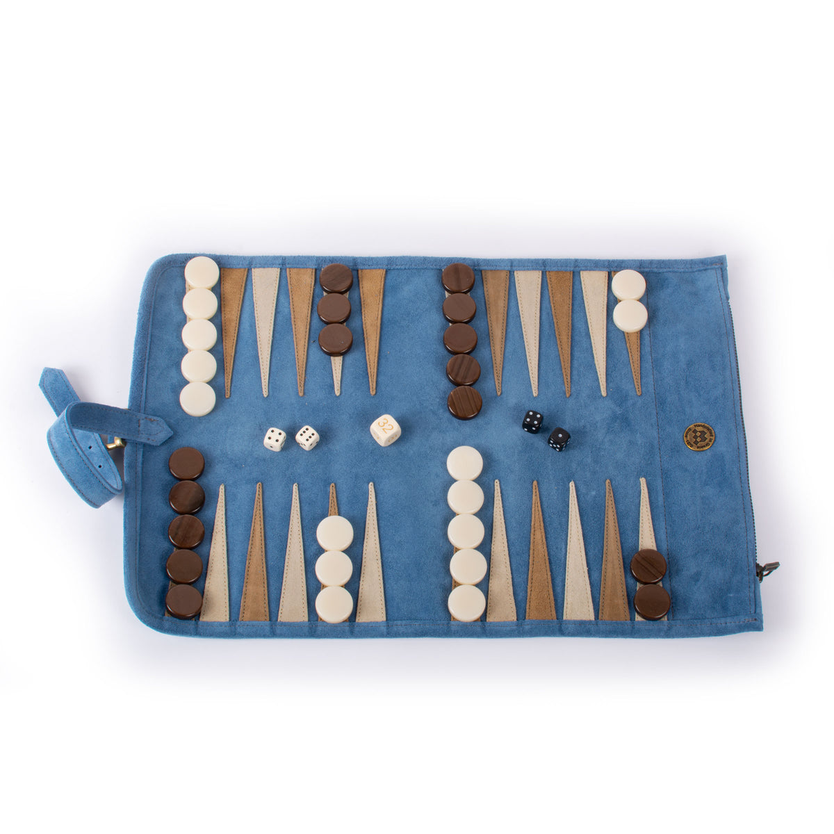 Blue suede roll up backgammon set with wooden points, brown and ivory checkers, and dice, showcasing handcrafted Greek craftsmanship by Manopoulos