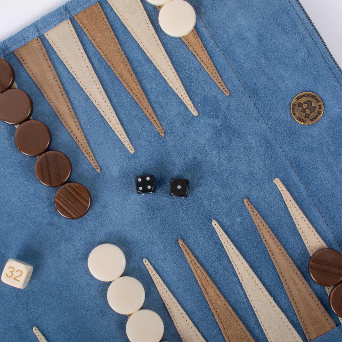 Premium denim blue suede backgammon board with tan points wooden and cream checkers dice and MANOPOULOS Chess and Backgammon craftsmanship