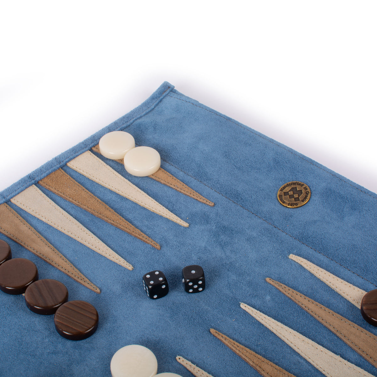 Blue suede roll up backgammon set with cream and tan points brown checkers white counters and black dice by Manopoulos Chess and Backgammon