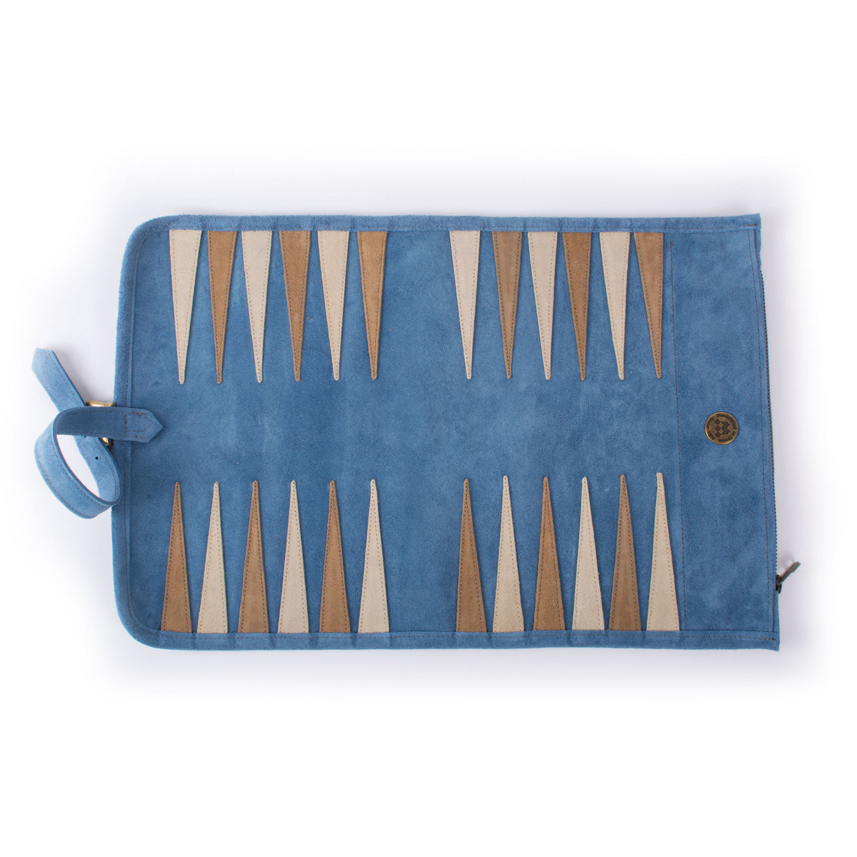 Open blue suede roll up backgammon board with contrasting wooden points and a carry strap from MANOPOULOS Chess & Backgammon