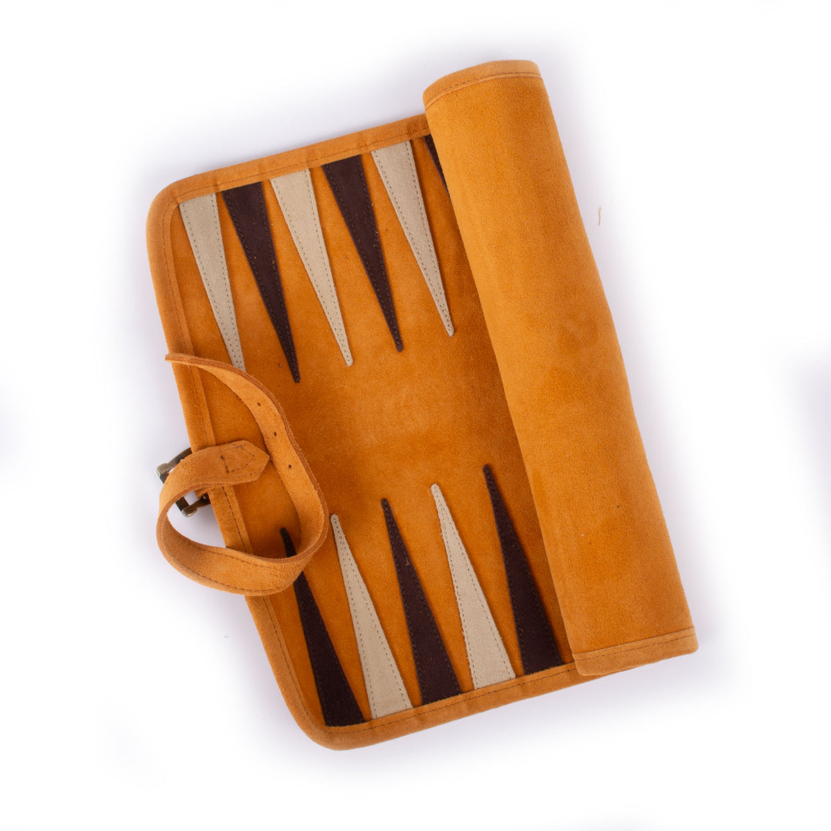 Cinnamon brown suede roll up backgammon set by MANOPOULOS Chess and Backgammon with contrasting points and a leather closure for elegant travel play