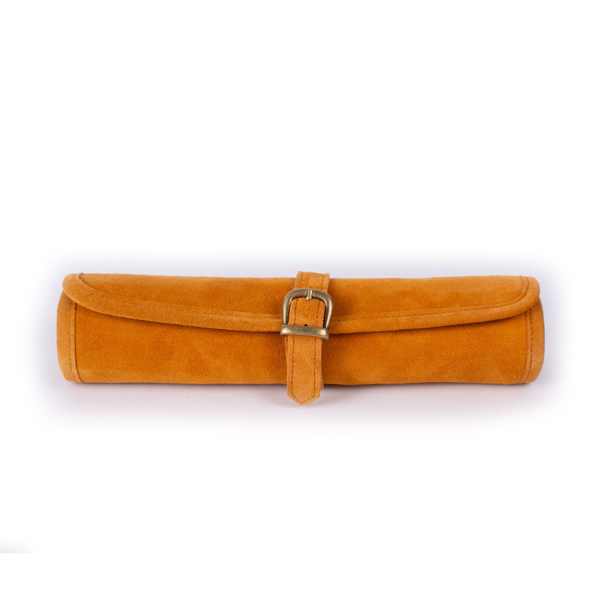 Cinnamon brown suede roll up backgammon set with a matching strap and buckle by MANOPOULOS Chess and Backgammon handcrafted in Greece