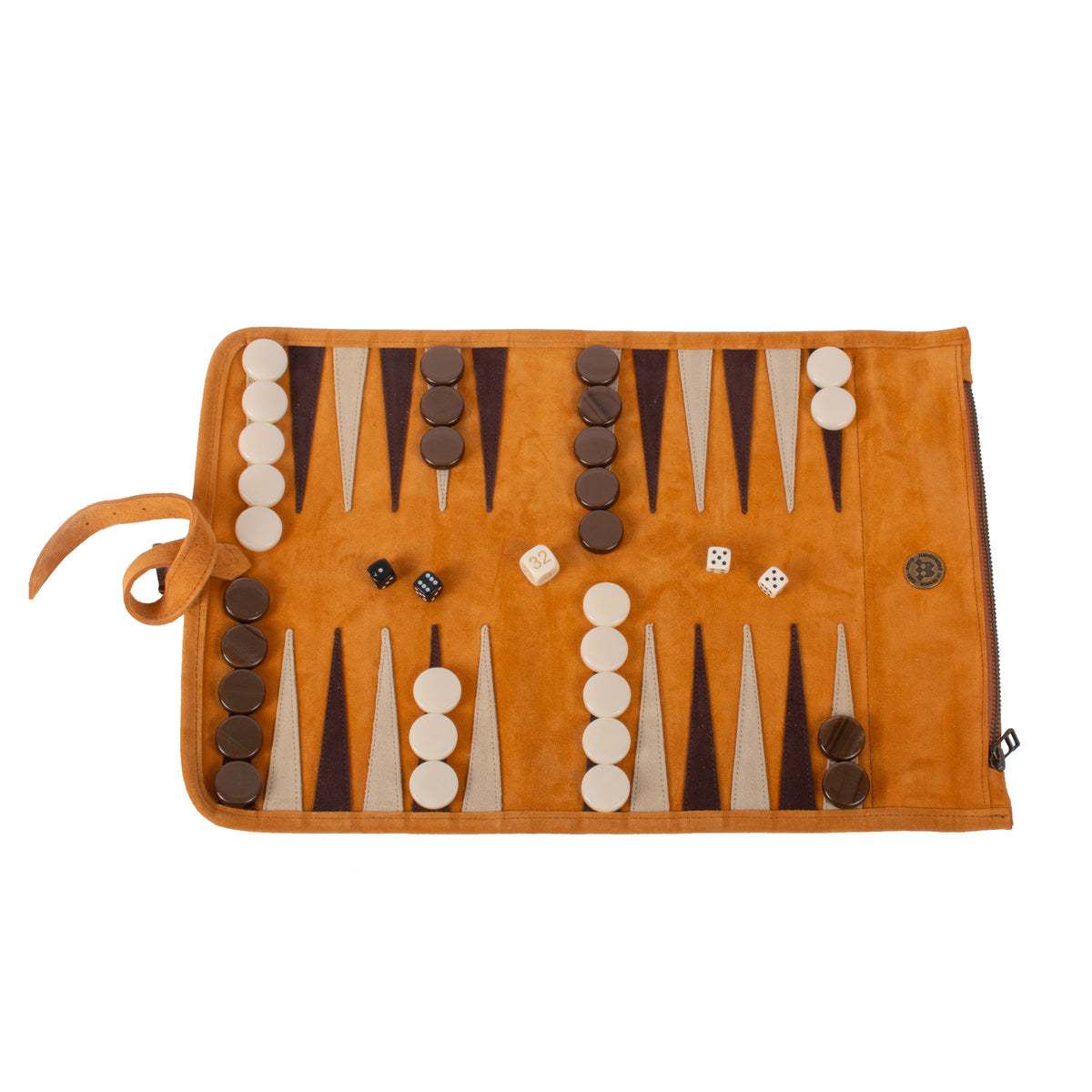 Open cinnamon brown suede roll up backgammon set with checkers dice and leather tie by MANOPOULOS Chess and Backgammon showcasing handcrafted Greek craftsmanship
