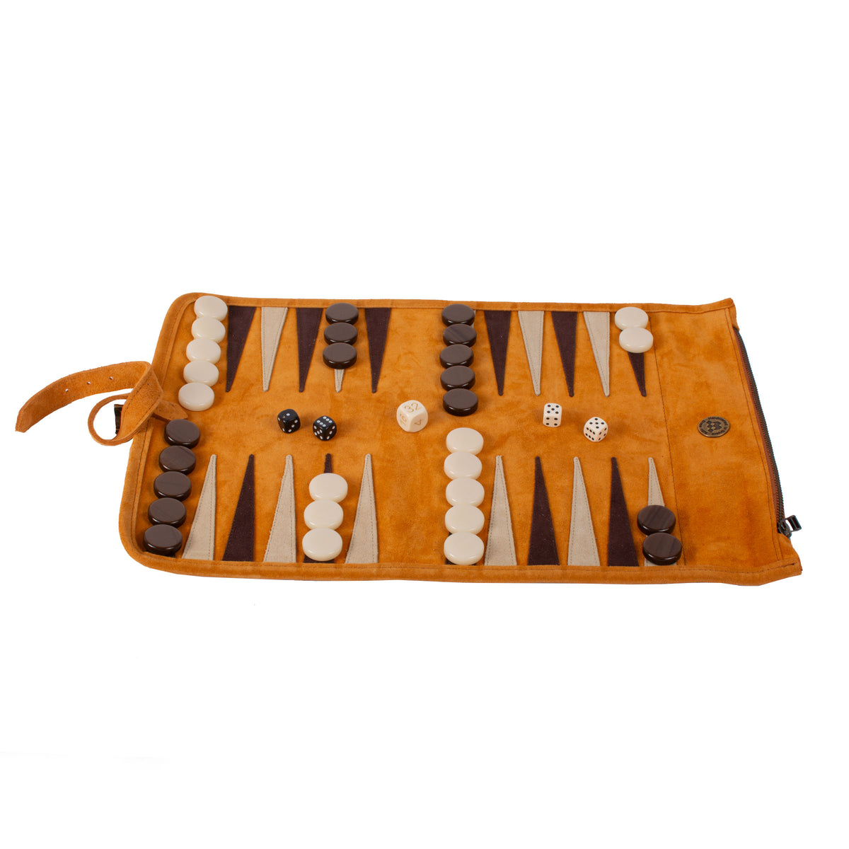 Cinnamon brown suede roll up backgammon set with dark and ivory playing pieces and dice by MANOPOULOS Chess and Backgammon handcrafted in Greece