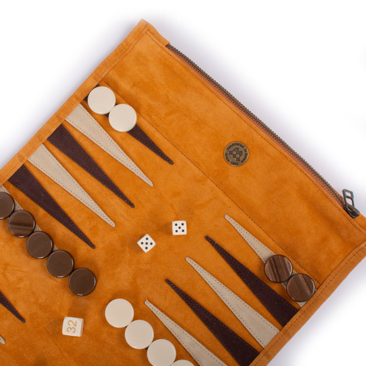 Cinnamon brown suede roll up backgammon set with checkers and dice by MANOPOULOS Chess & Backgammon showcasing handcrafted Greek craftsmanship and luxury design