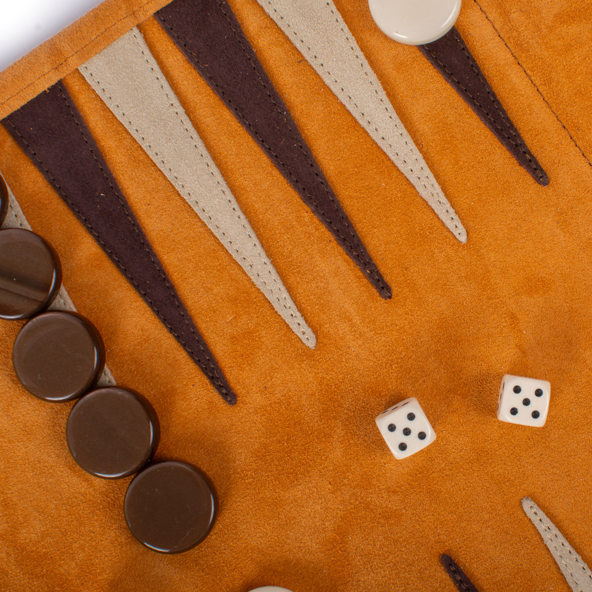 Cinnamon brown suede backgammon board with dark and cream leather points brown checkers and white dice by MANOPOULOS Chess and Backgammon