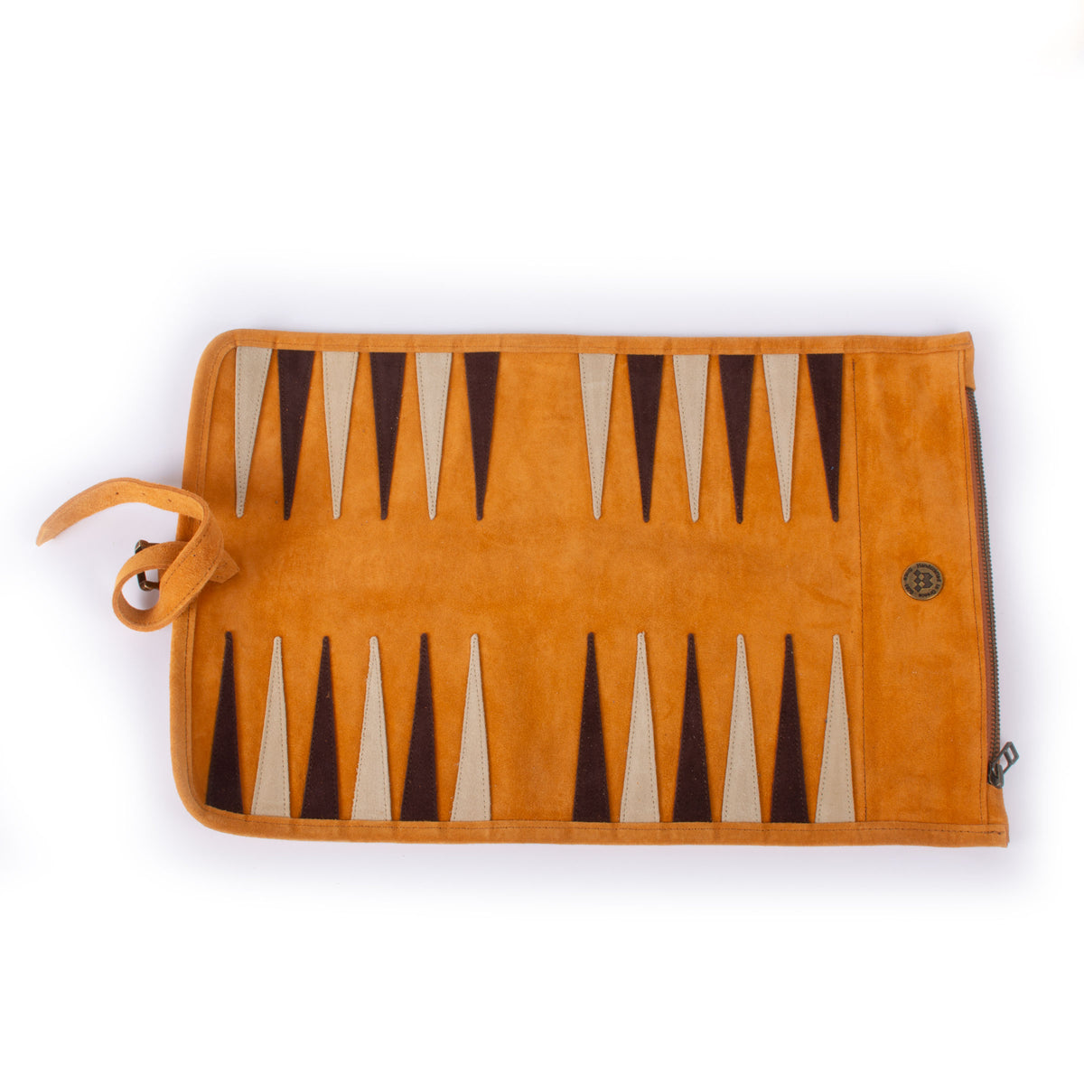 Cinnamon brown suede roll-up backgammon board with contrasting triangular points and leather strap by MANOPOULOS Chess & Backgammon, handcrafted in Greece