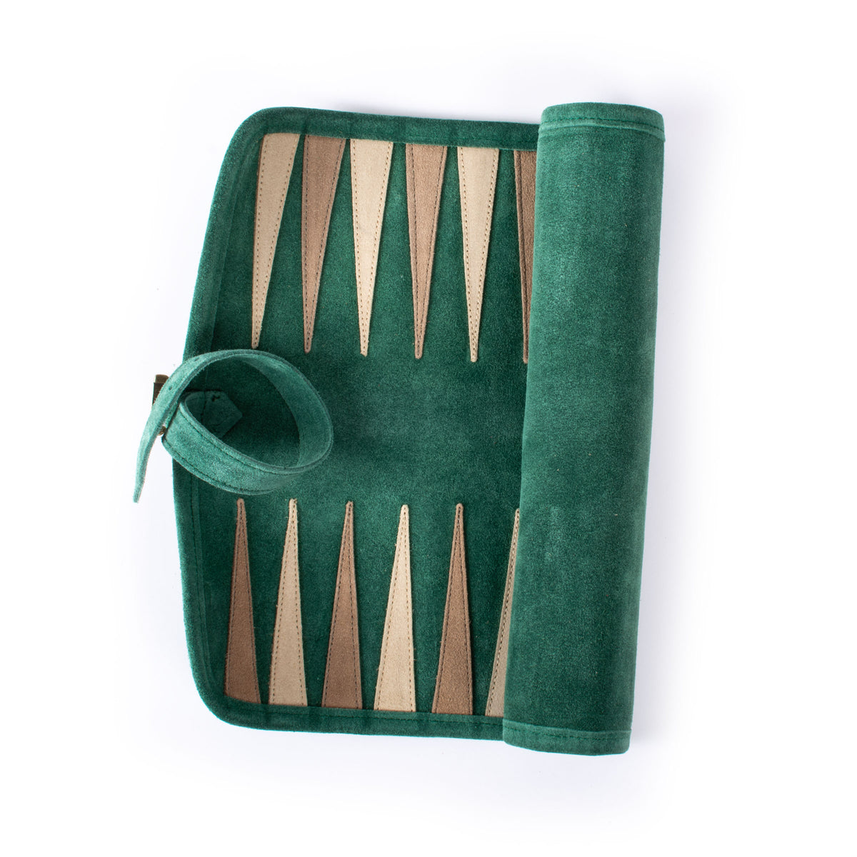 Forest green suede roll up backgammon board with tan playing points and matching strap by MANOPOULOS Chess & Backgammon handcrafted in Greece