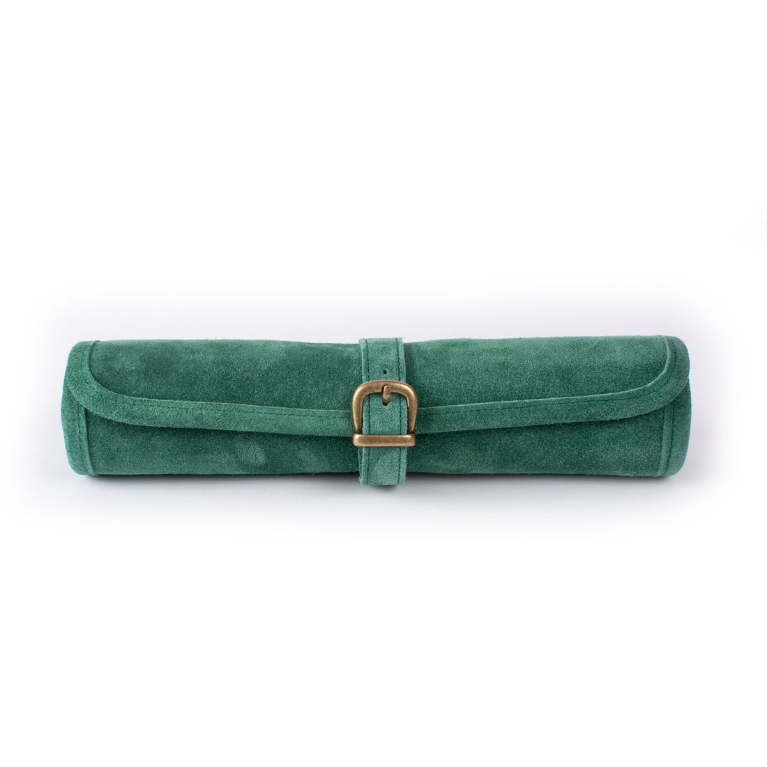 Forest green suede roll up backgammon board with tan playing points and matching strap by MANOPOULOS Chess & Backgammon handcrafted in Greece