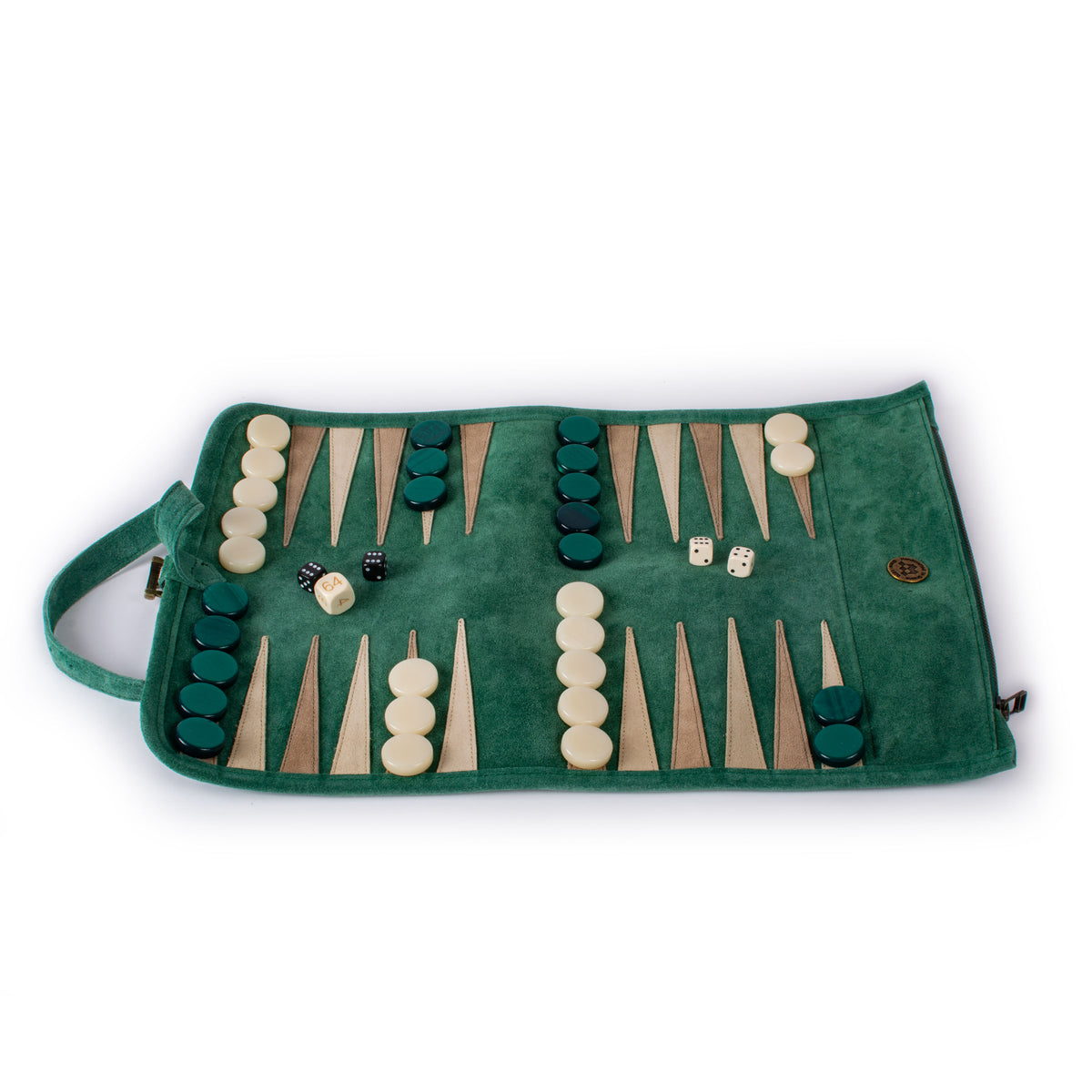 Open forest green suede roll up backgammon set with cream and dark green checkers and dice displayed inside by MANOPOULOS Chess and Backgammon handcrafted in Greece